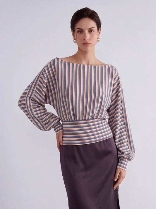 Gathered Striped Boat Neck Long Sleeve Cotton Blend T-Shirt