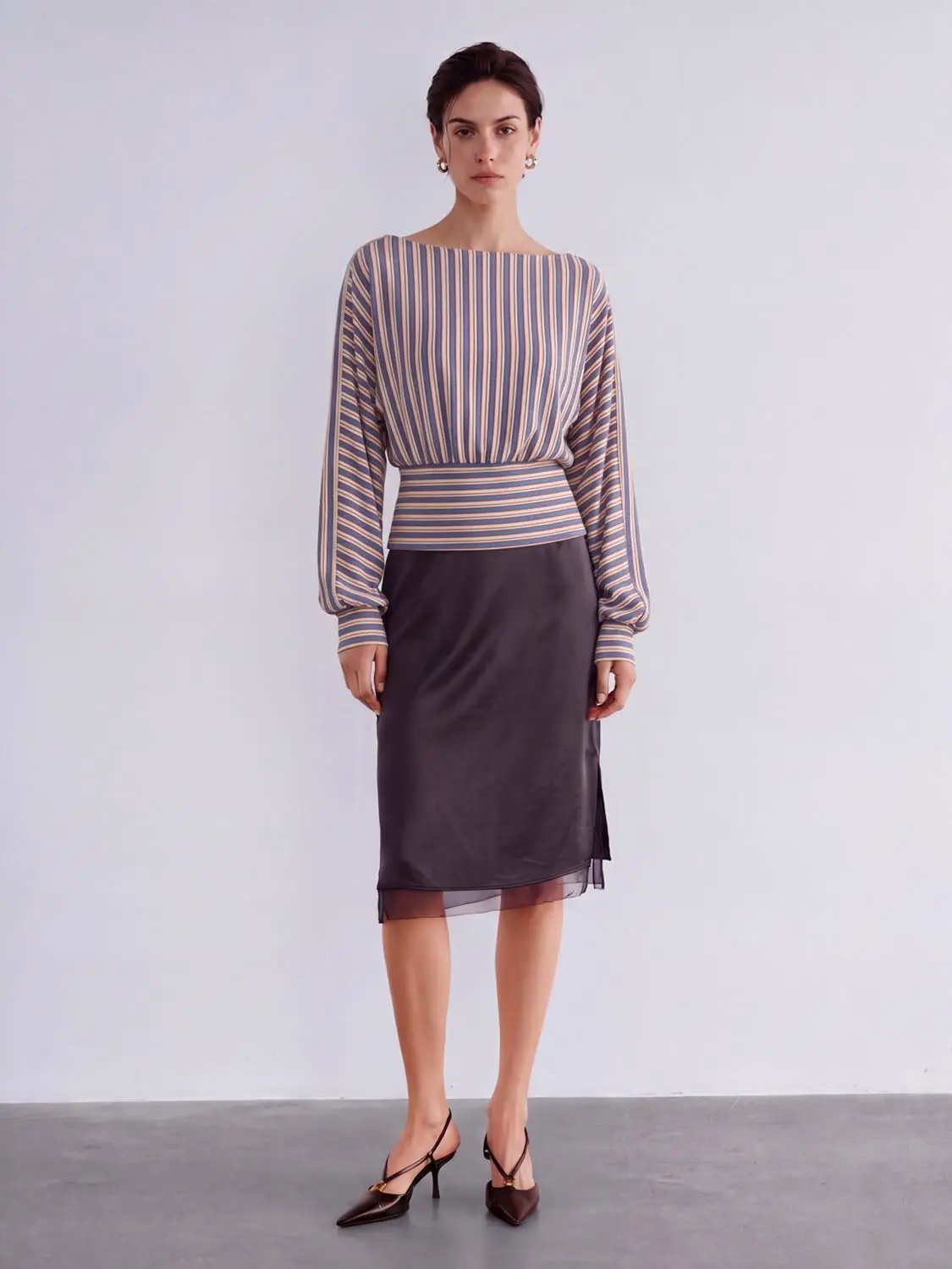 Gathered Striped Boat Neck Long Sleeve Cotton Blend T-Shirt