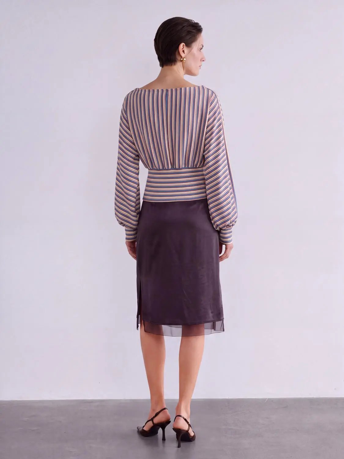 Gathered Striped Boat Neck Long Sleeve Cotton Blend T-Shirt