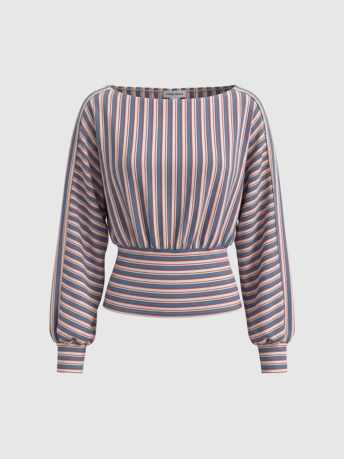 Gathered Striped Boat Neck Long Sleeve Cotton Blend T-Shirt
