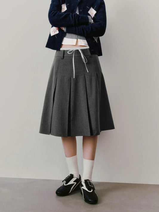 High Waist Drawstring Pleated A-Line Contrast Trim Skirt