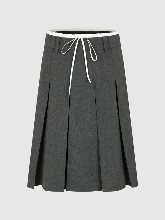 High Waist Drawstring Pleated A-Line Contrast Trim Skirt
