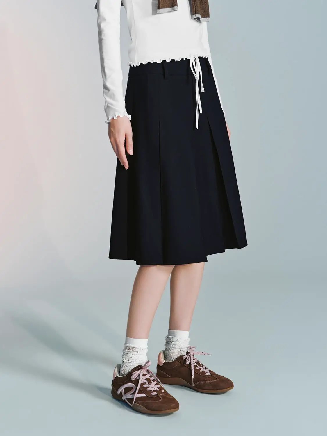 High Waist Drawstring Pleated A-Line Contrast Trim Skirt