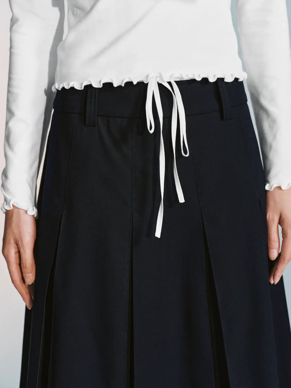 High Waist Drawstring Pleated A-Line Contrast Trim Skirt