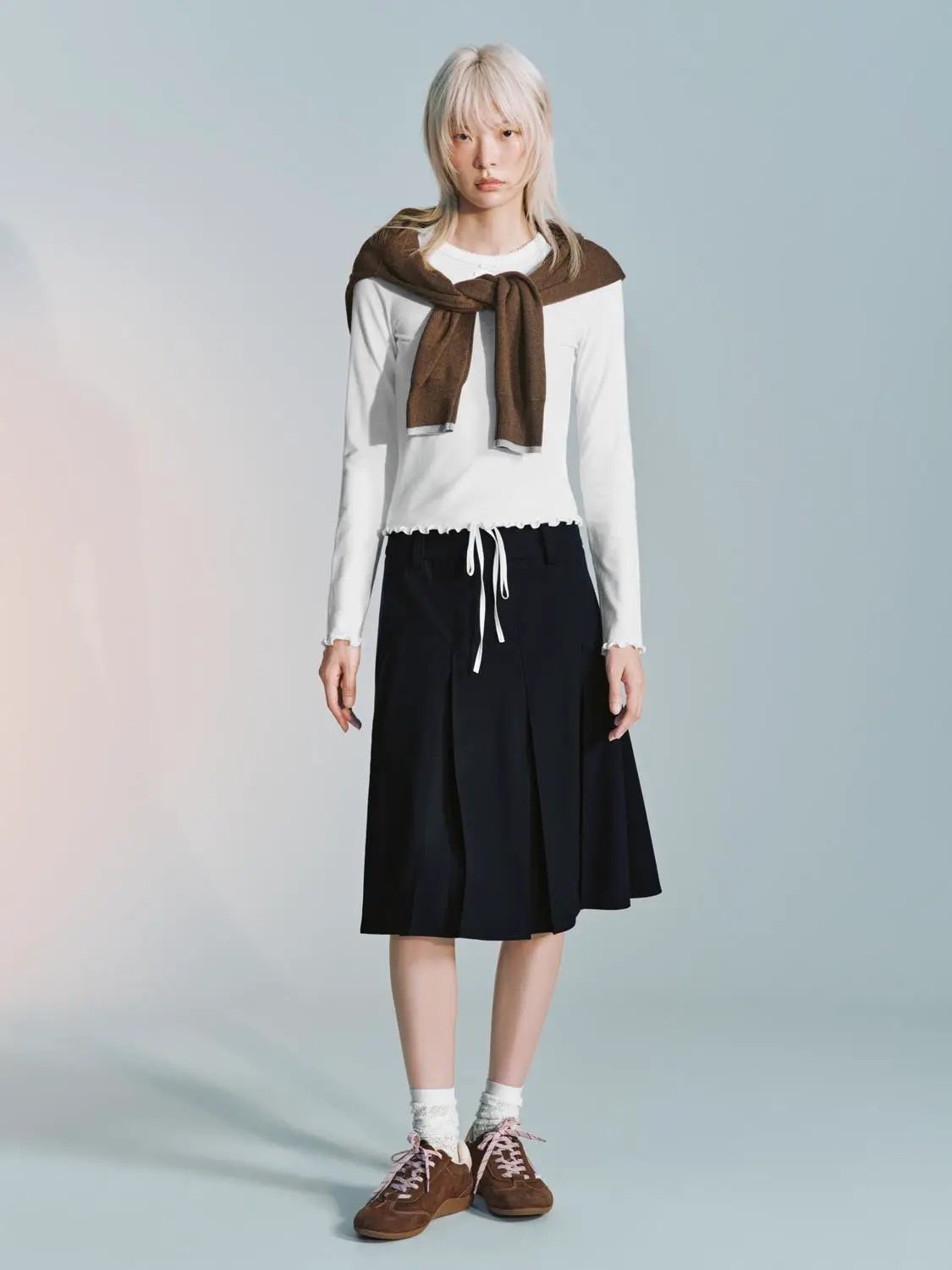 High Waist Drawstring Pleated A-Line Contrast Trim Skirt