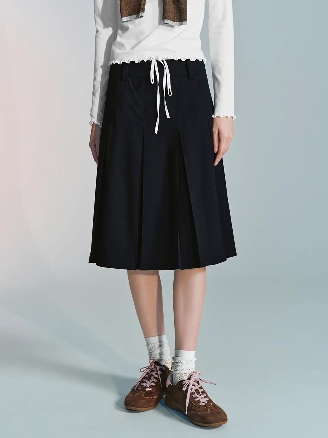 High Waist Drawstring Pleated A-Line Contrast Trim Skirt