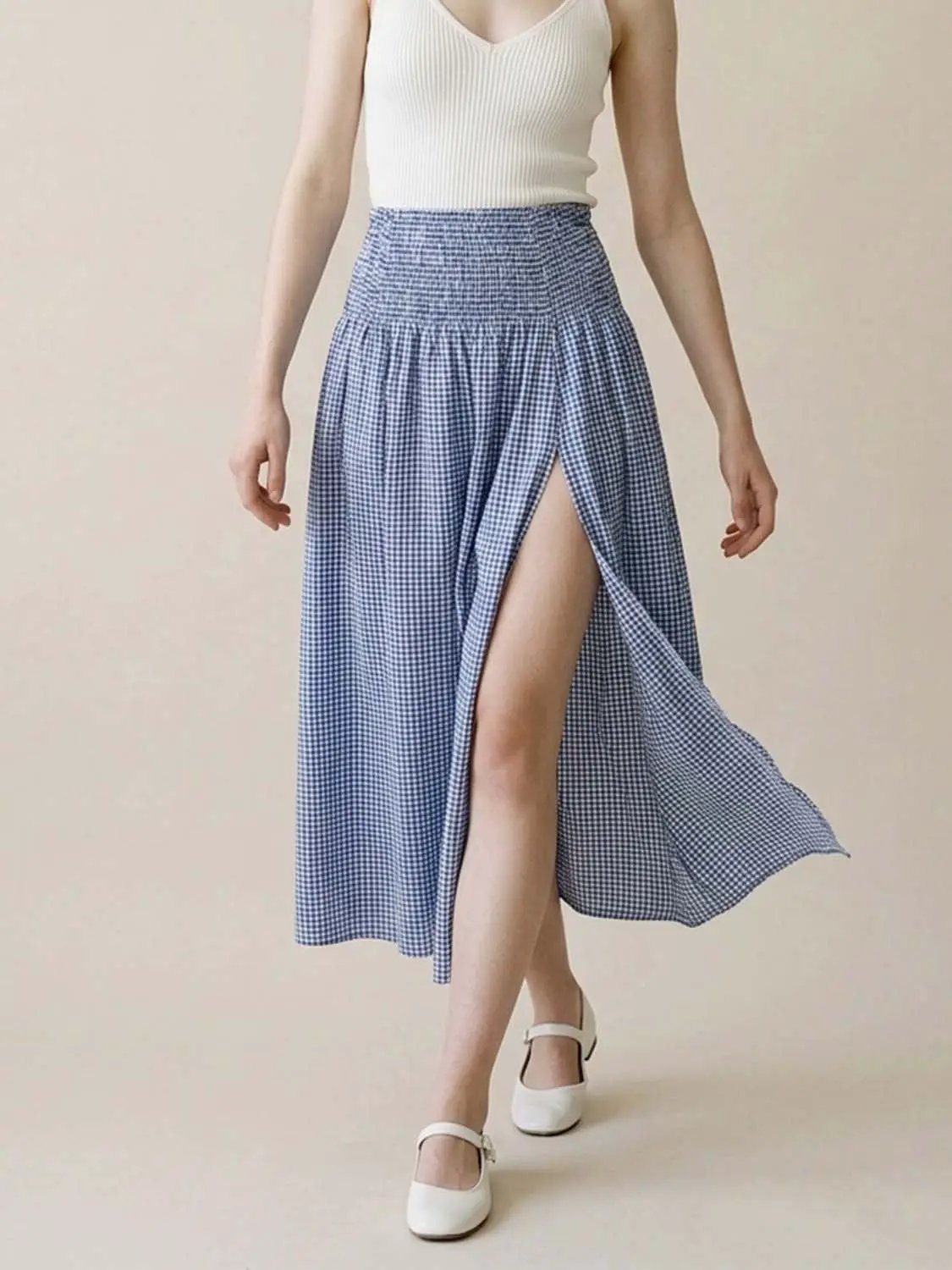 Shirred Weave Side Slit A-Line Midi Skirt