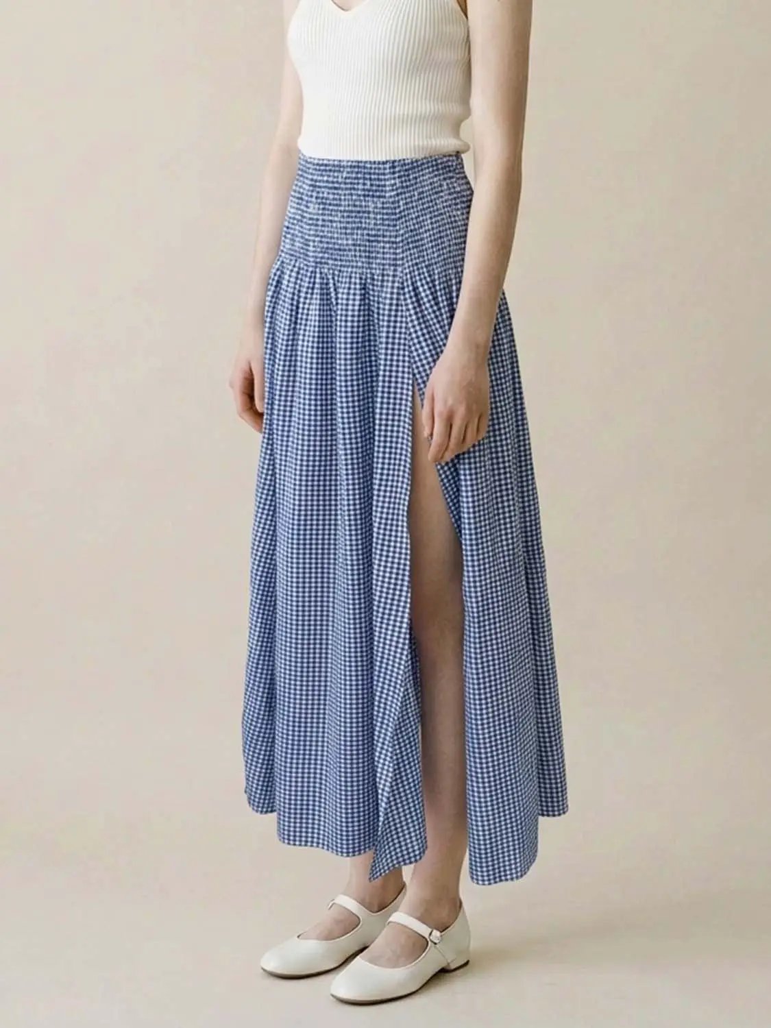 Shirred Weave Side Slit A-Line Midi Skirt