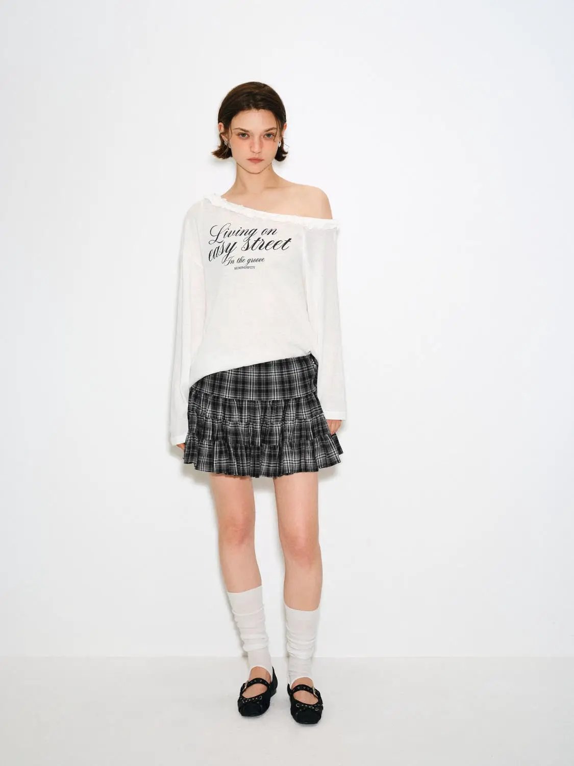 A-line Plaid Layered Ruffle Cotton Skirt