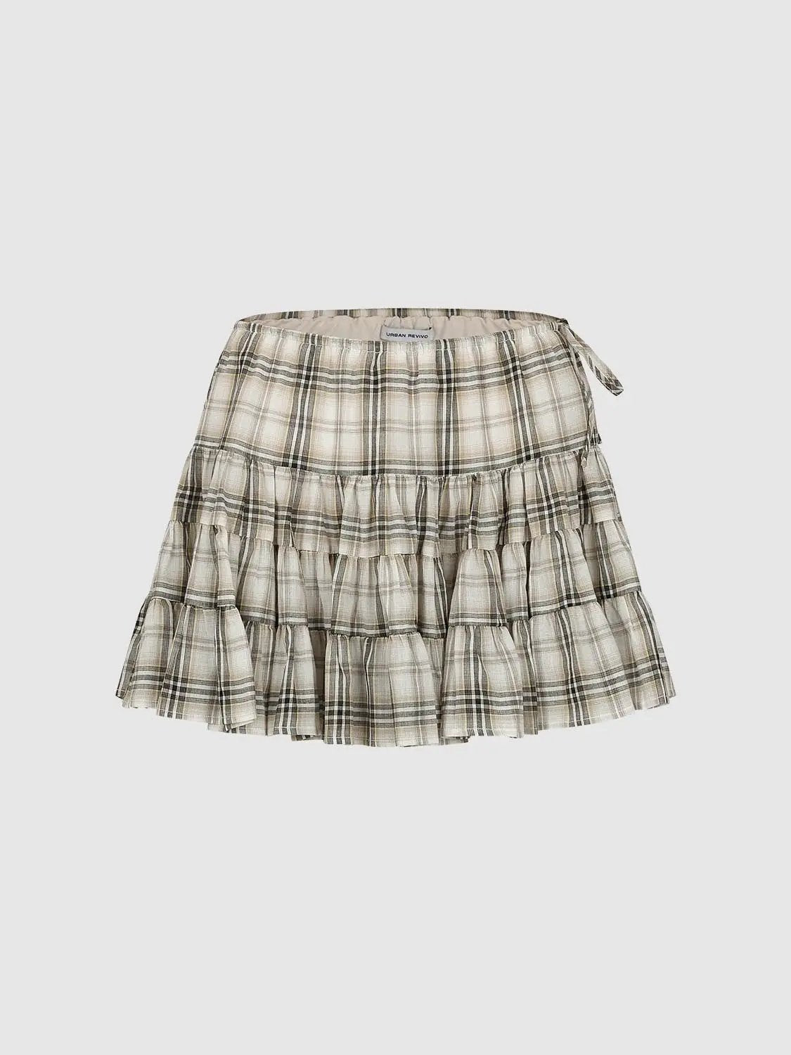A-line Plaid Layered Ruffle Cotton Skirt