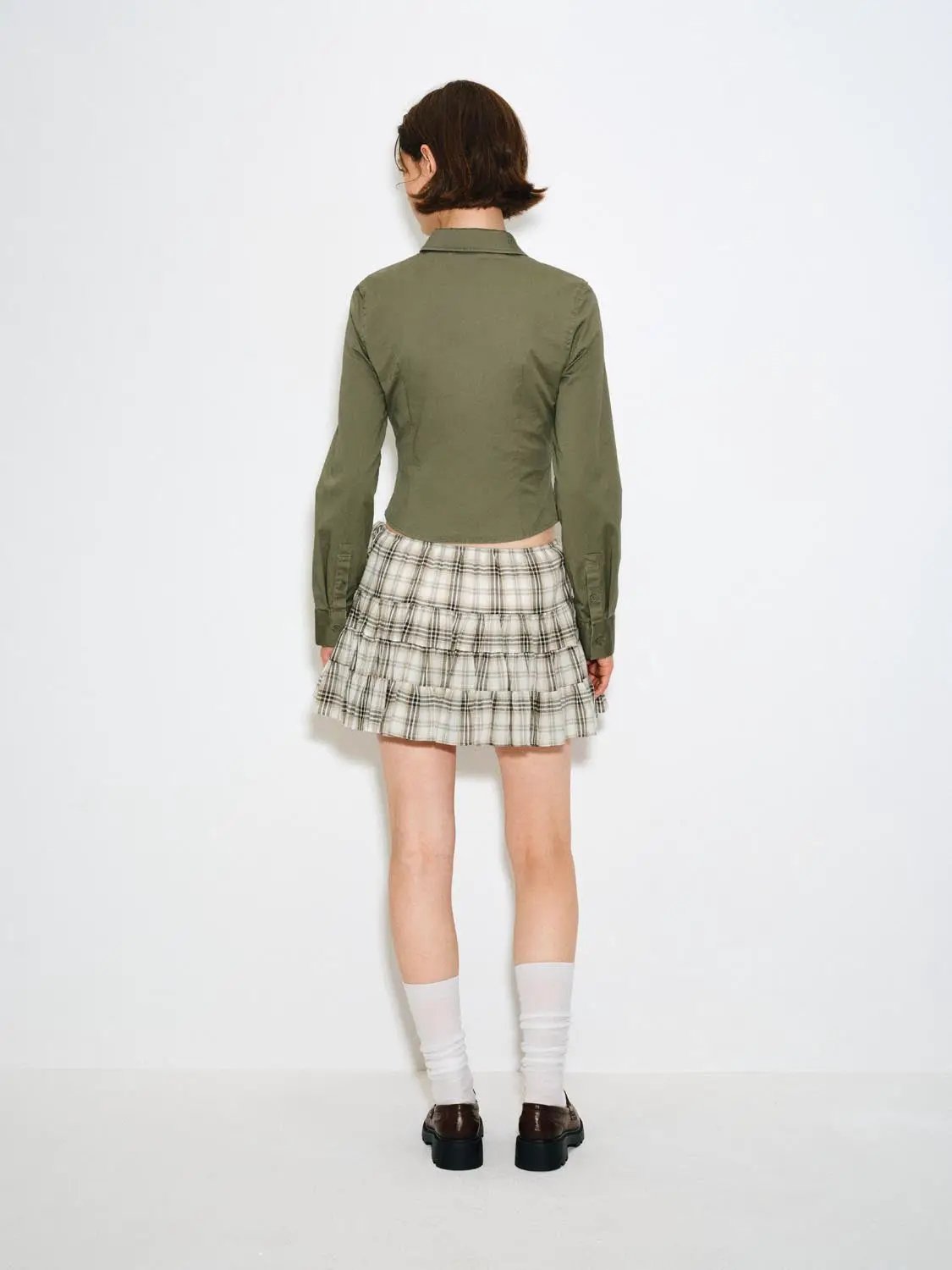 A-line Plaid Layered Ruffle Cotton Skirt