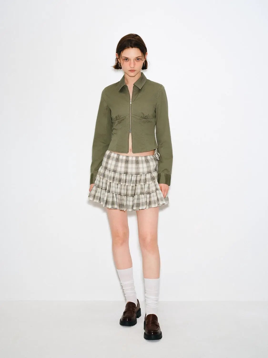 A-line Plaid Layered Ruffle Cotton Skirt