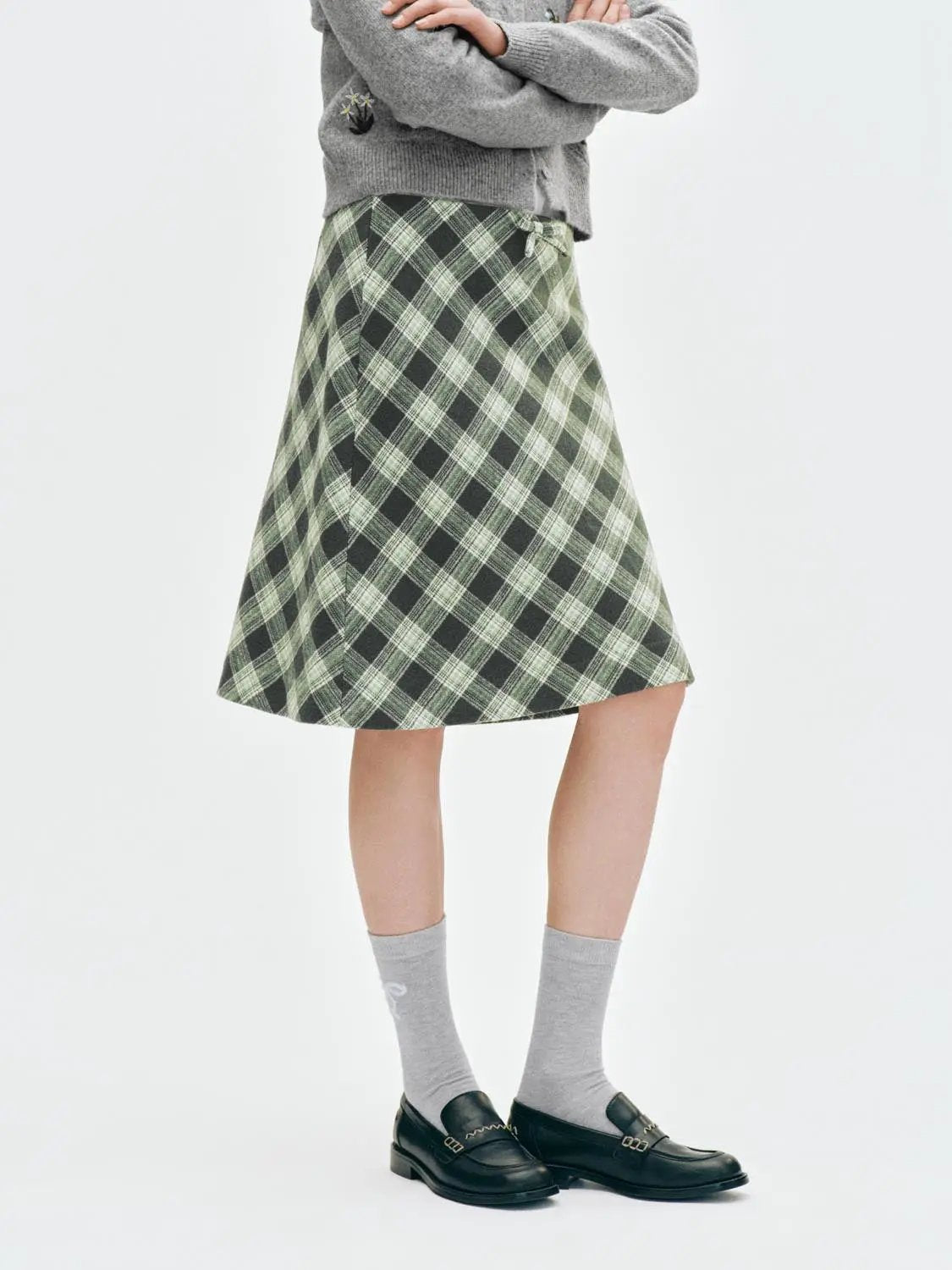 Bow Waist Plaid A-Line Mini Wool Blend Skirt