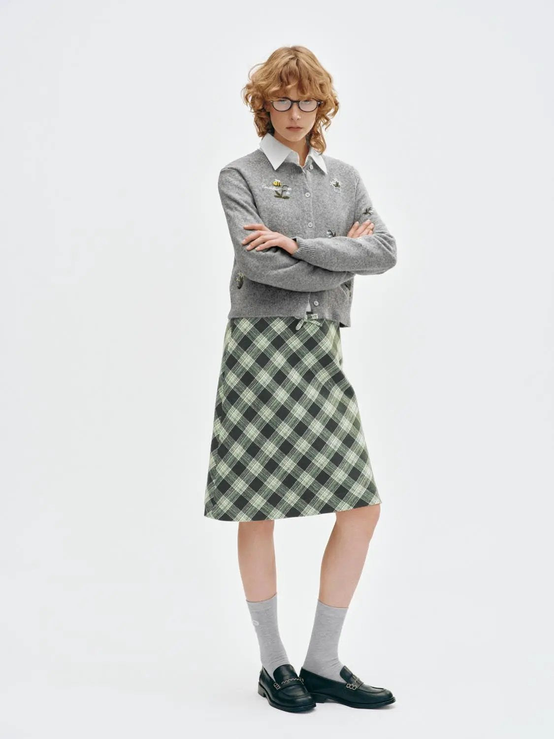 Bow Waist Plaid A-Line Mini Wool Blend Skirt