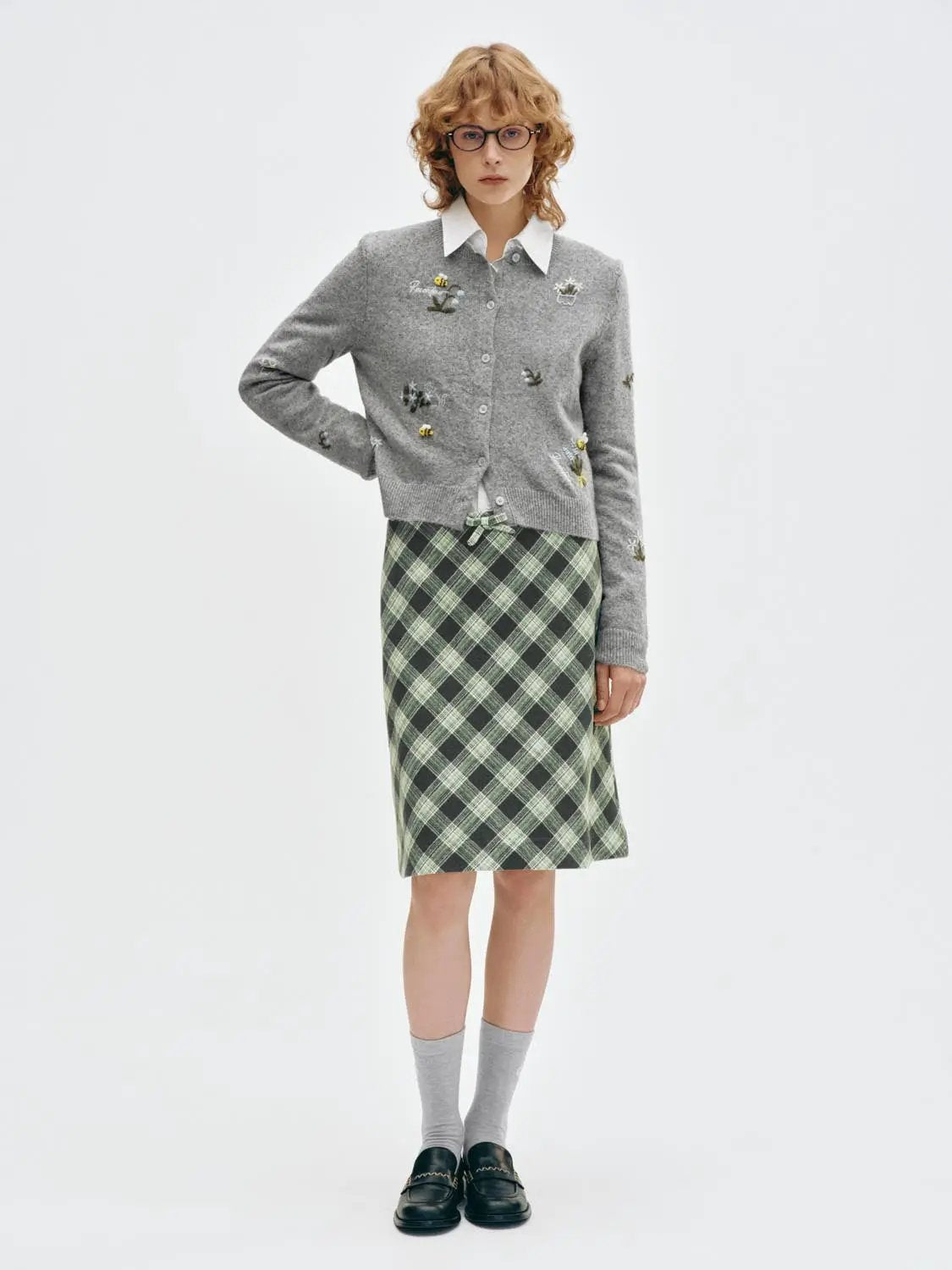 Bow Waist Plaid A-Line Mini Wool Blend Skirt