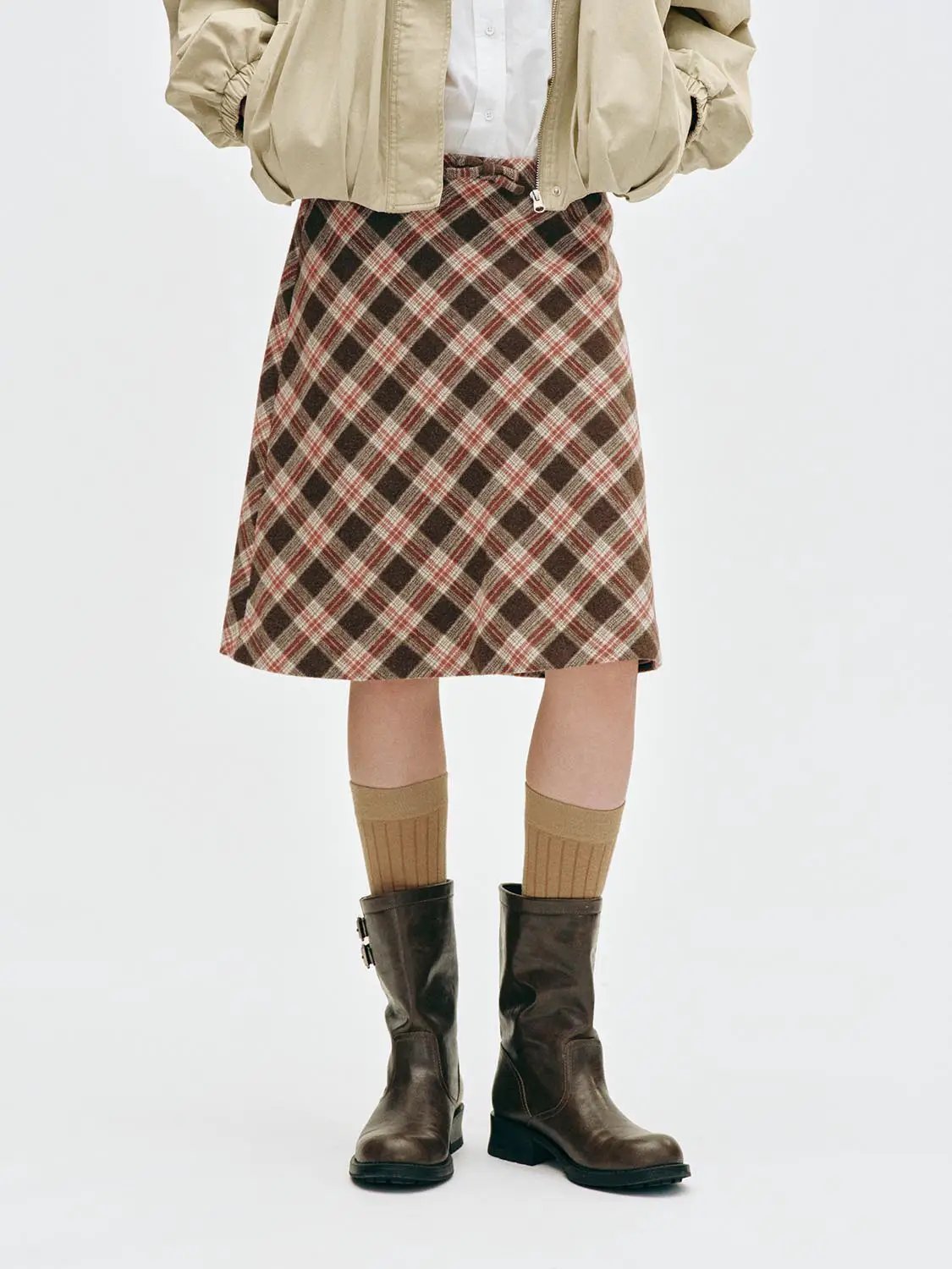 Bow Waist Plaid A-Line Mini Wool Blend Skirt
