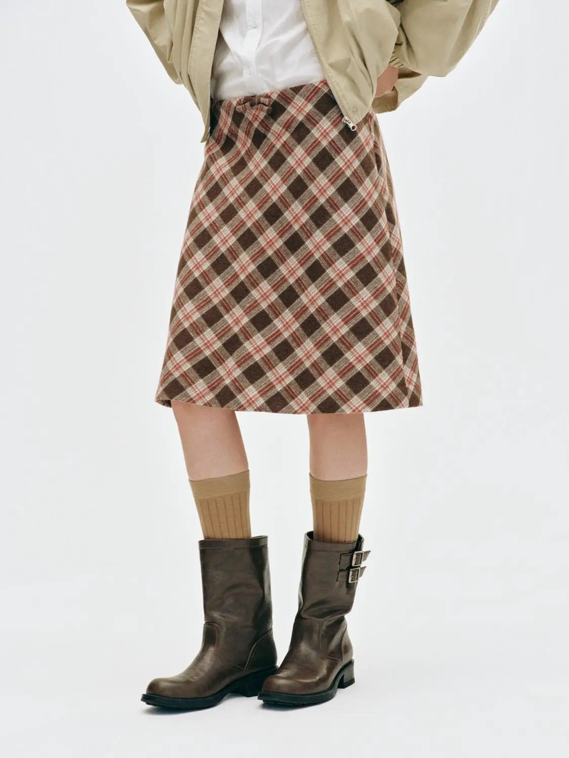 Bow Waist Plaid A-Line Mini Wool Blend Skirt