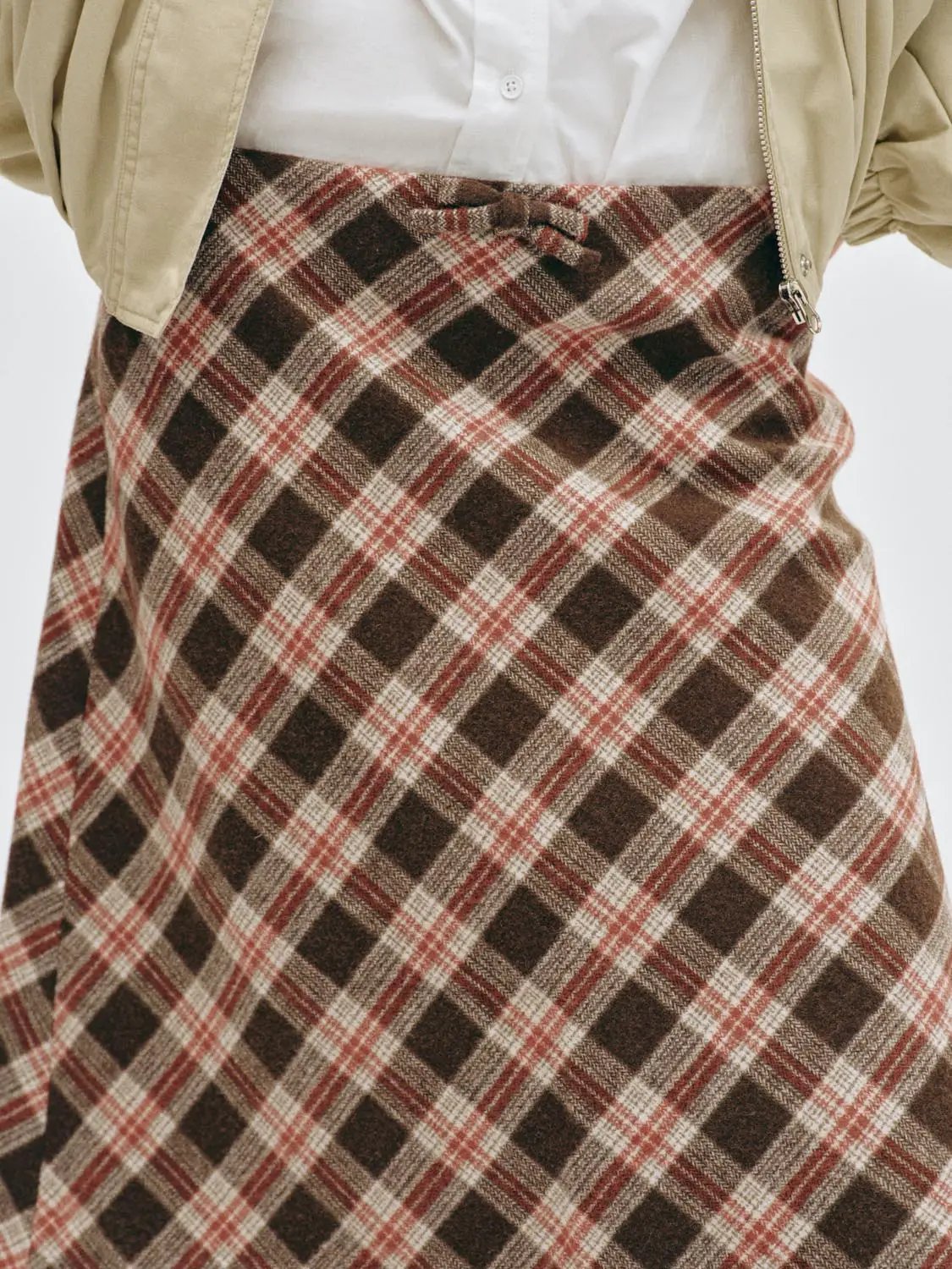 Bow Waist Plaid A-Line Mini Wool Blend Skirt