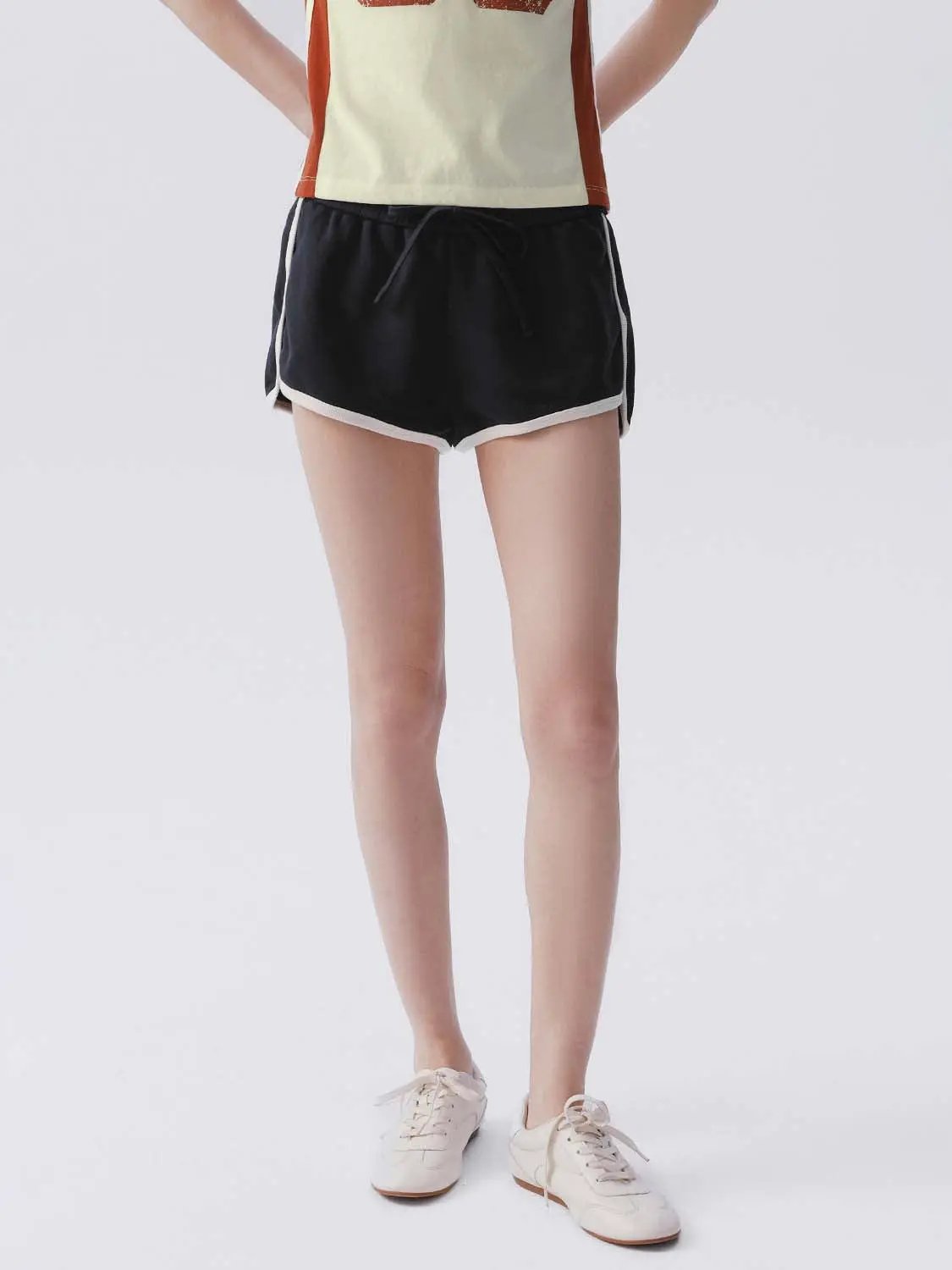 Drawstring Waist White Piping Trim Athletic Dolphin Shorts