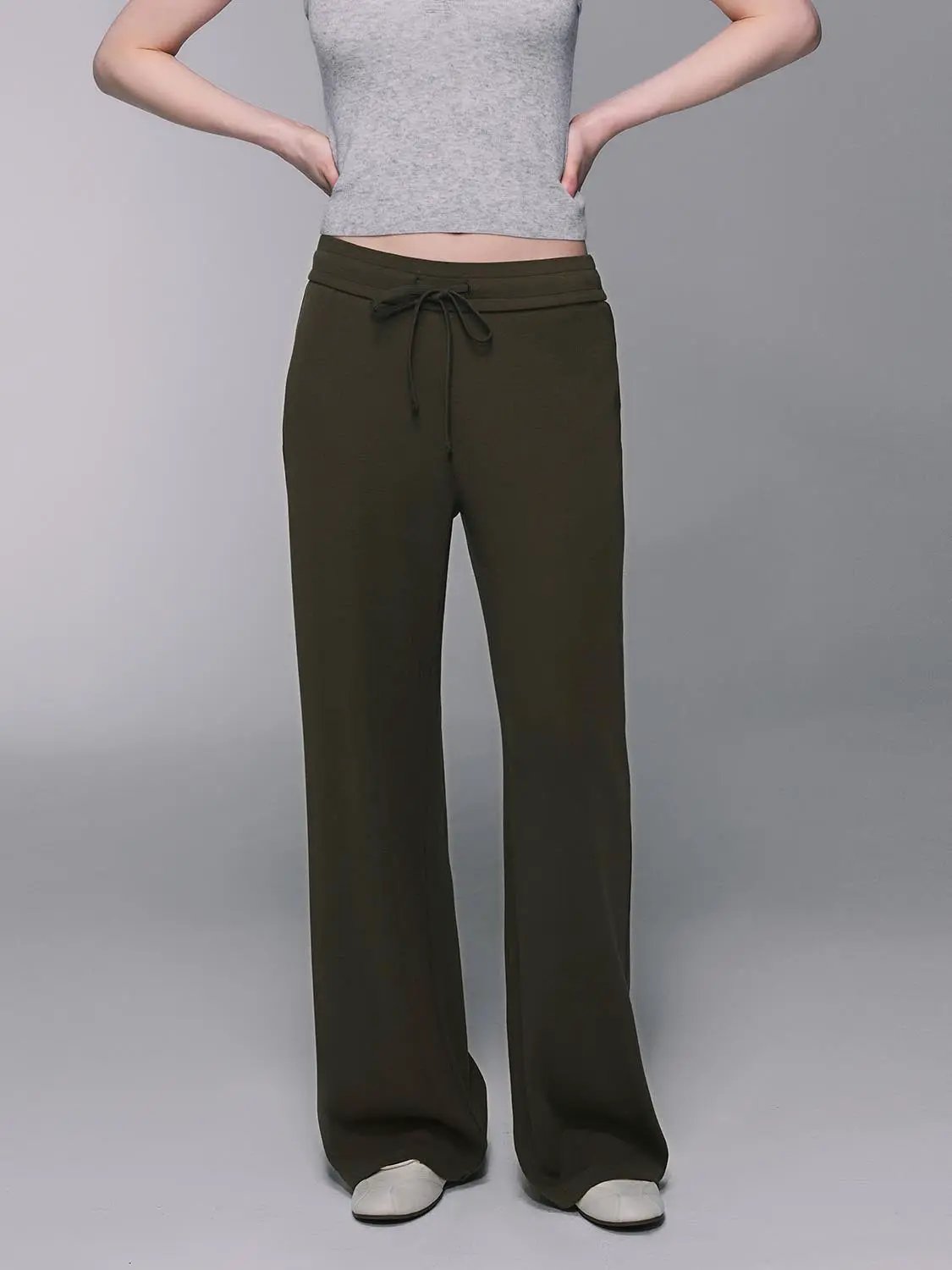 Gray Cotton Blend Drawstring Wide-leg Pants