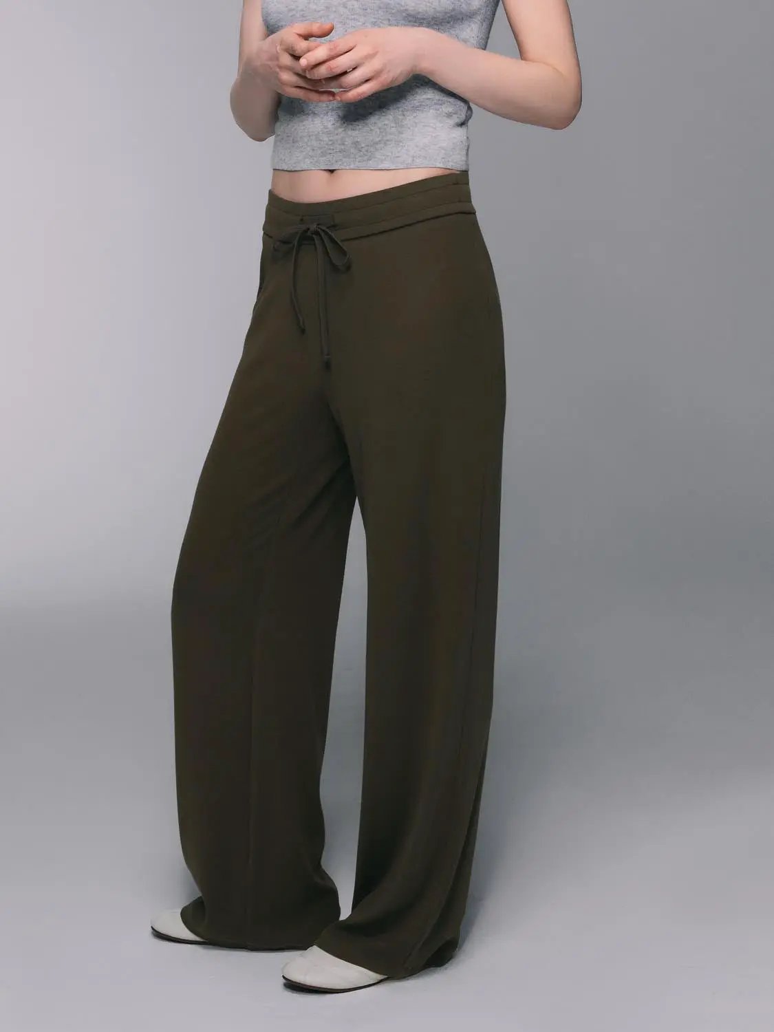 Gray Cotton Blend Drawstring Wide-leg Pants