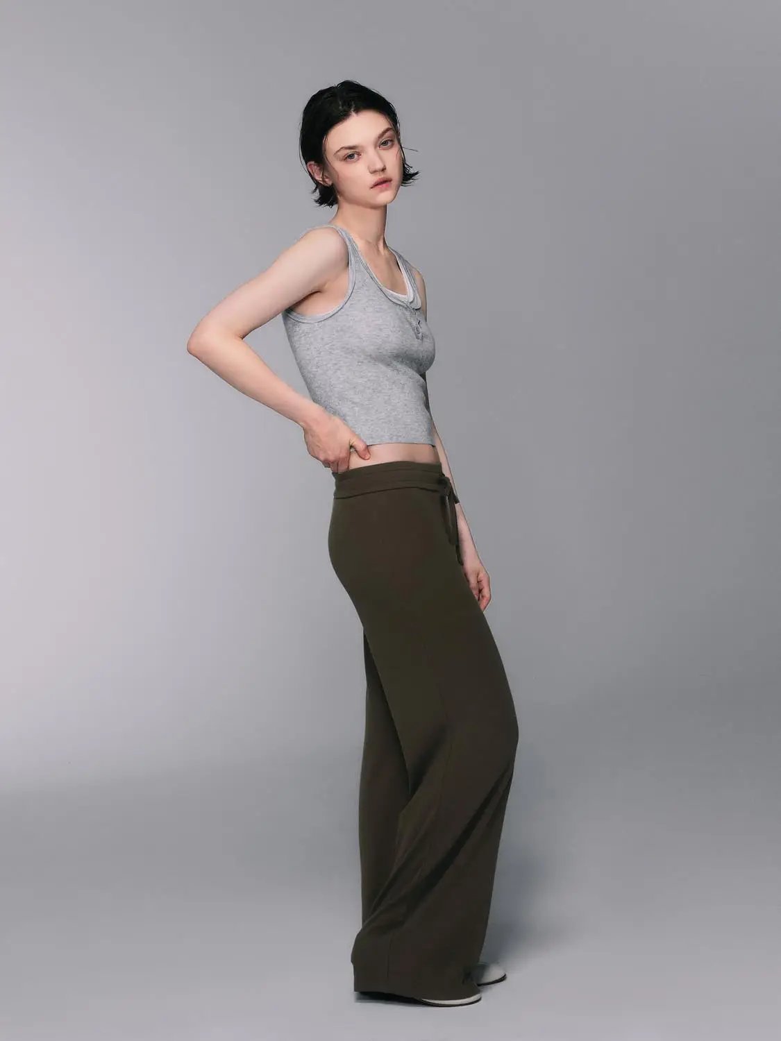 Gray Cotton Blend Drawstring Wide-leg Pants