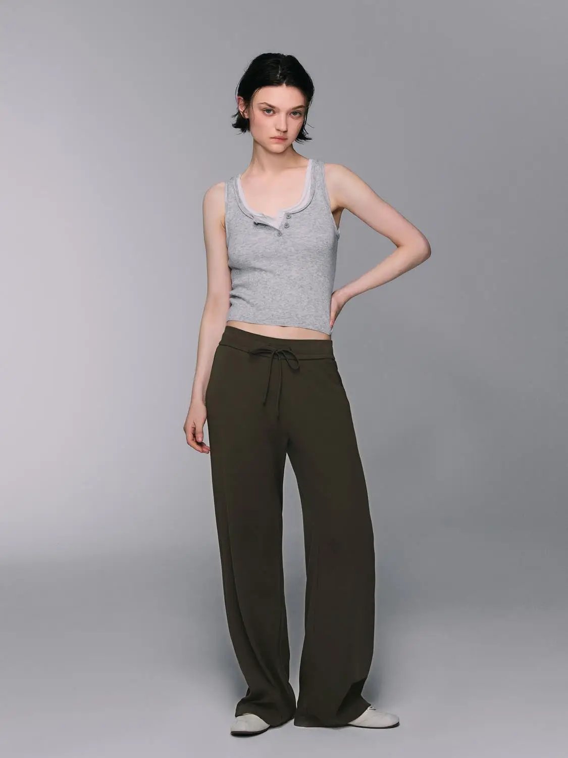 Gray Cotton Blend Drawstring Wide-leg Pants