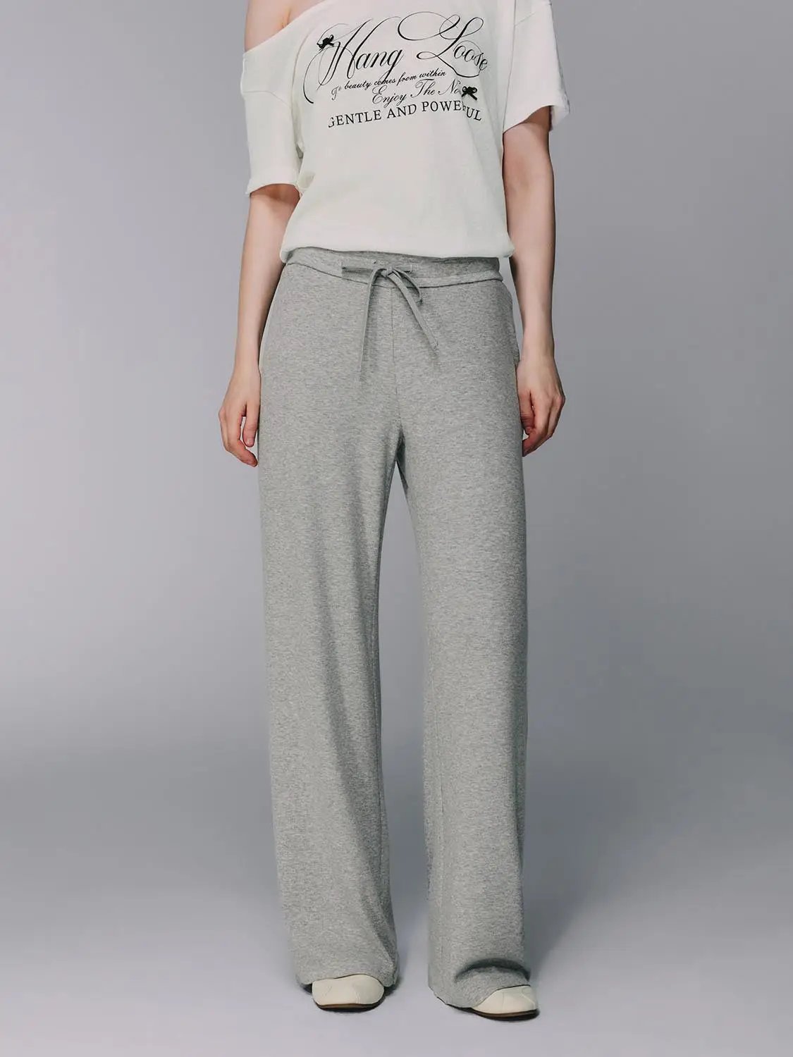 Gray Cotton Blend Drawstring Wide-leg Pants
