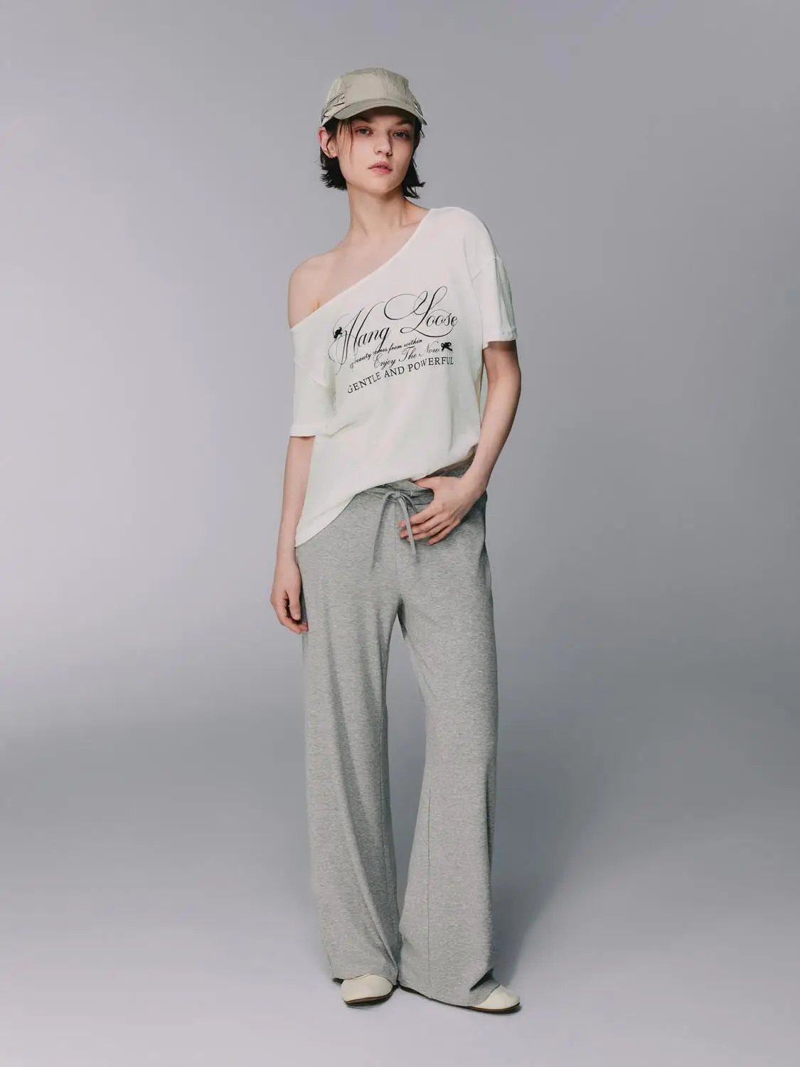 Gray Cotton Blend Drawstring Wide-leg Pants