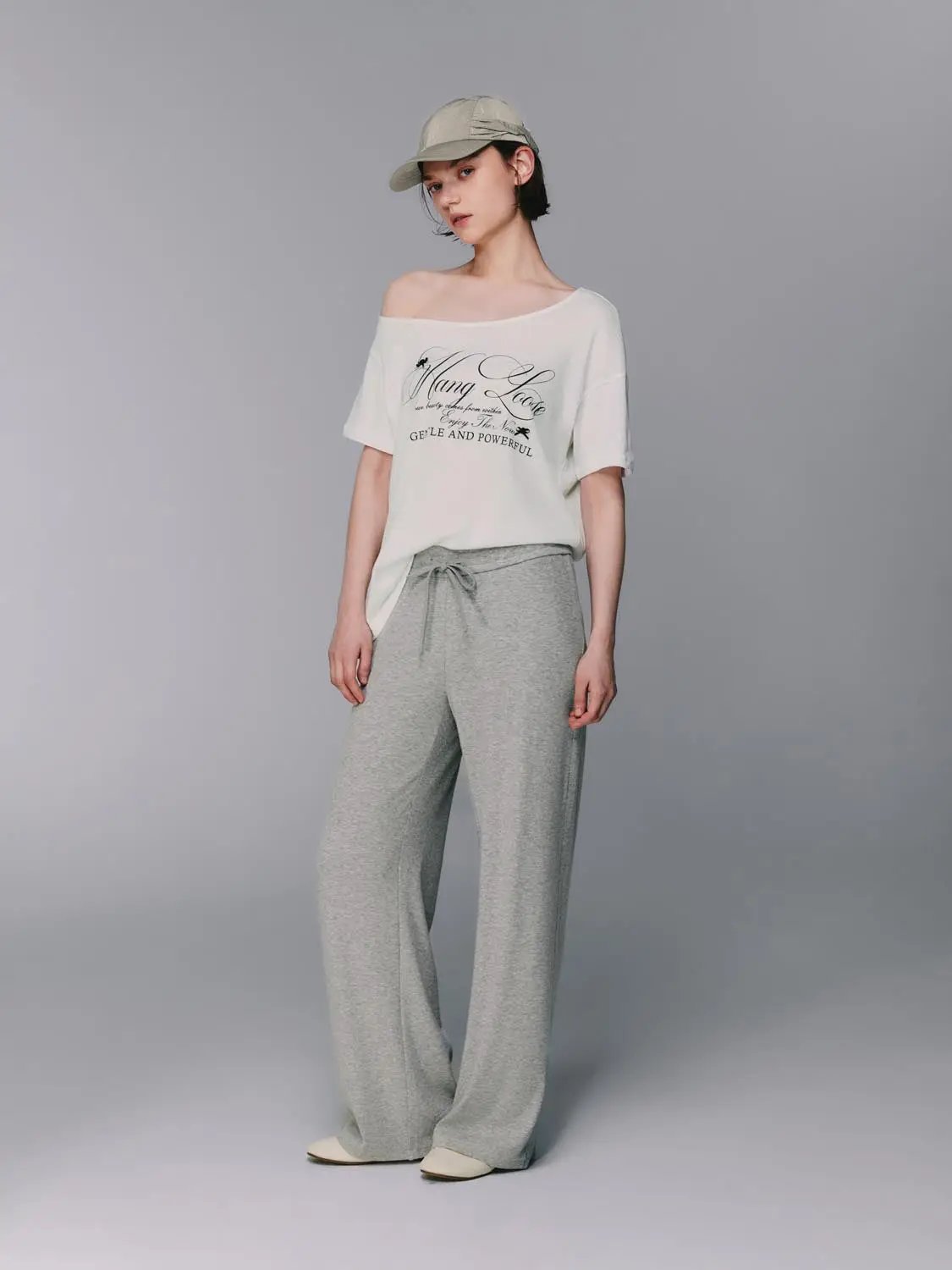 Gray Cotton Blend Drawstring Wide-leg Pants