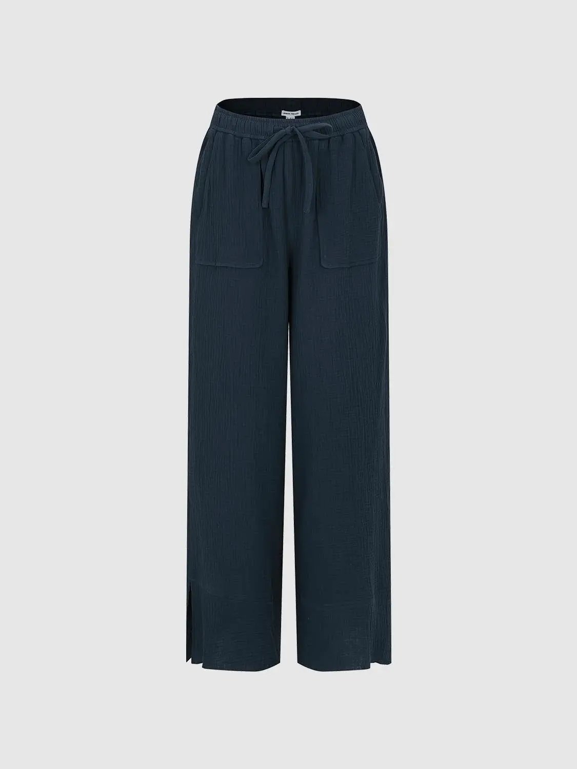 Textured Drawstring Waist Wide-leg Cotton Pants