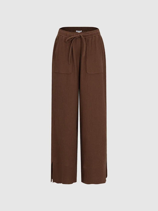 Textured Drawstring Waist Wide-leg Cotton Pants