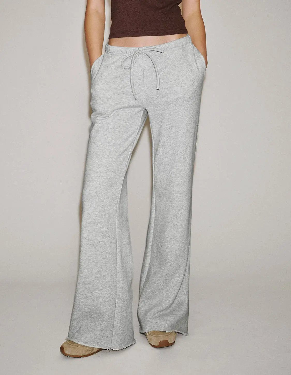 Tie Waist Raw Hem Flare Cotton Blend Pants