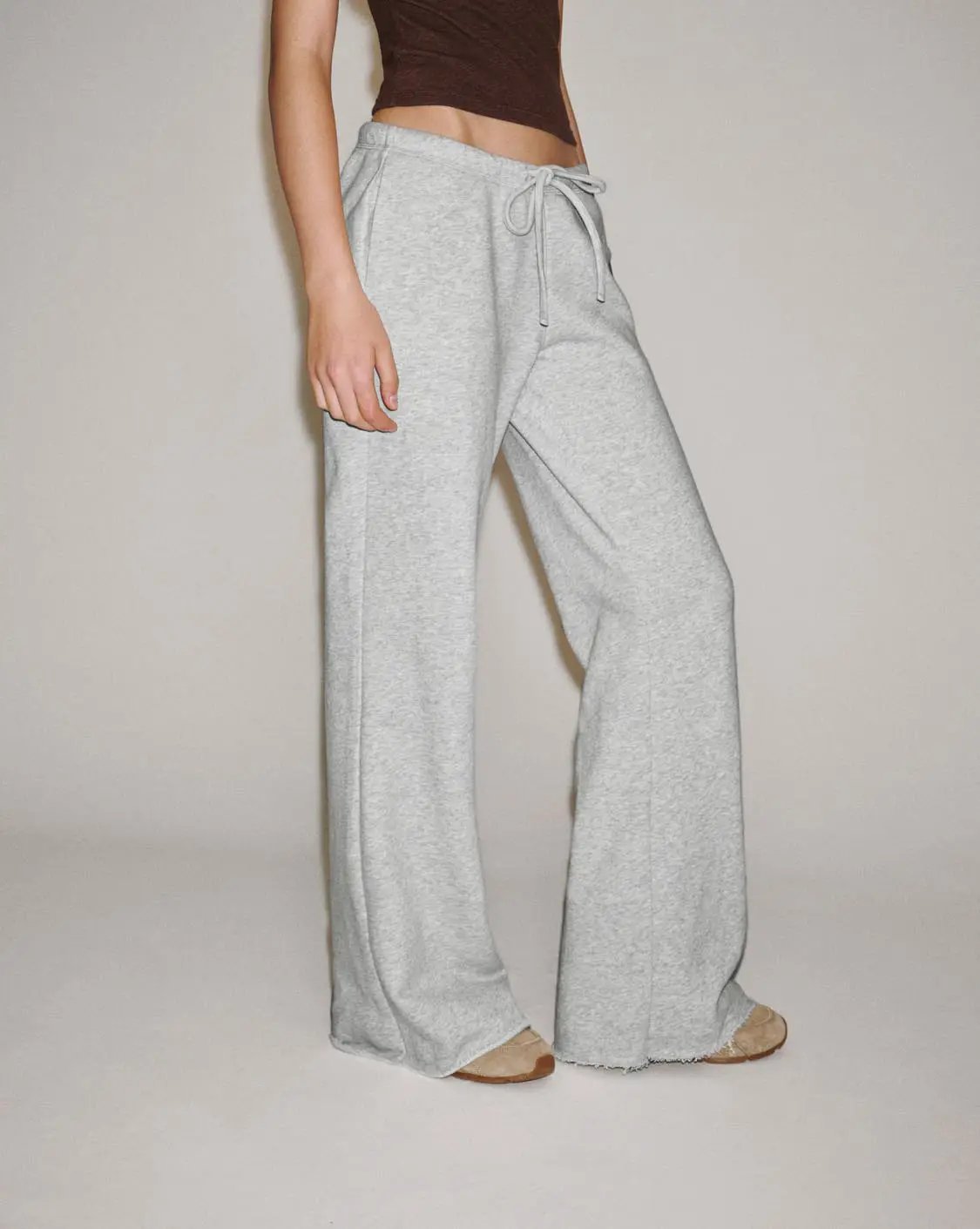 Tie Waist Raw Hem Flare Cotton Blend Pants