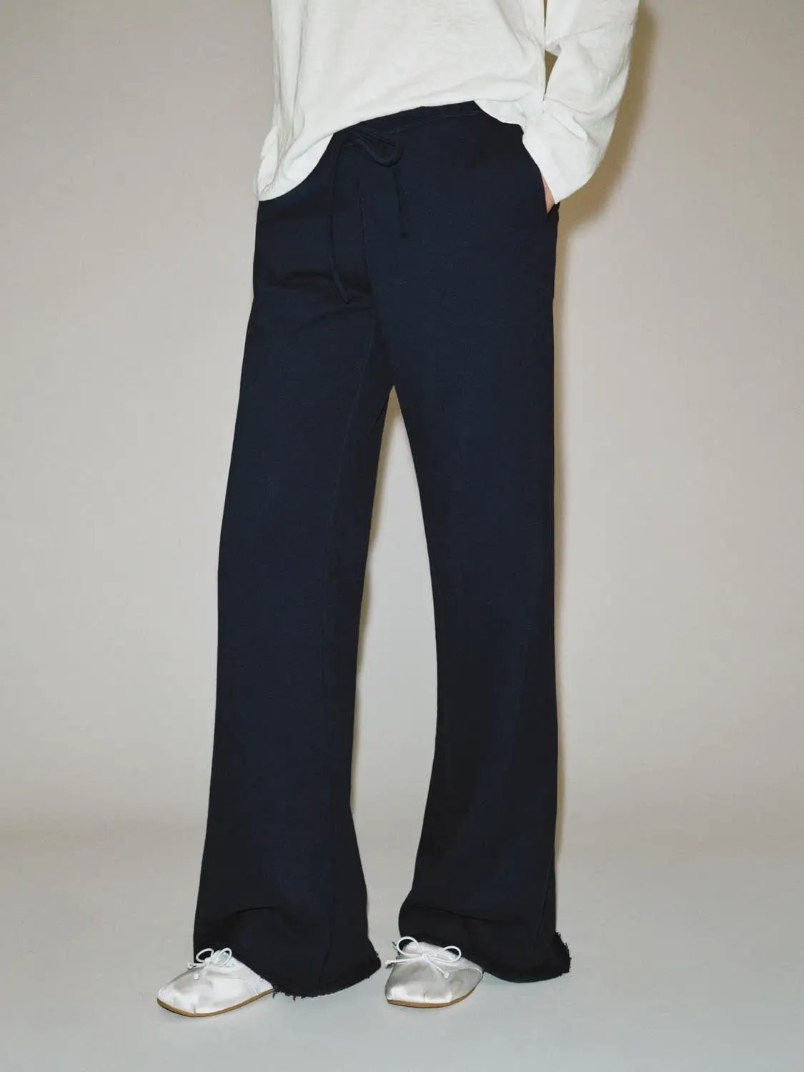 Tie Waist Raw Hem Flare Cotton Blend Pants