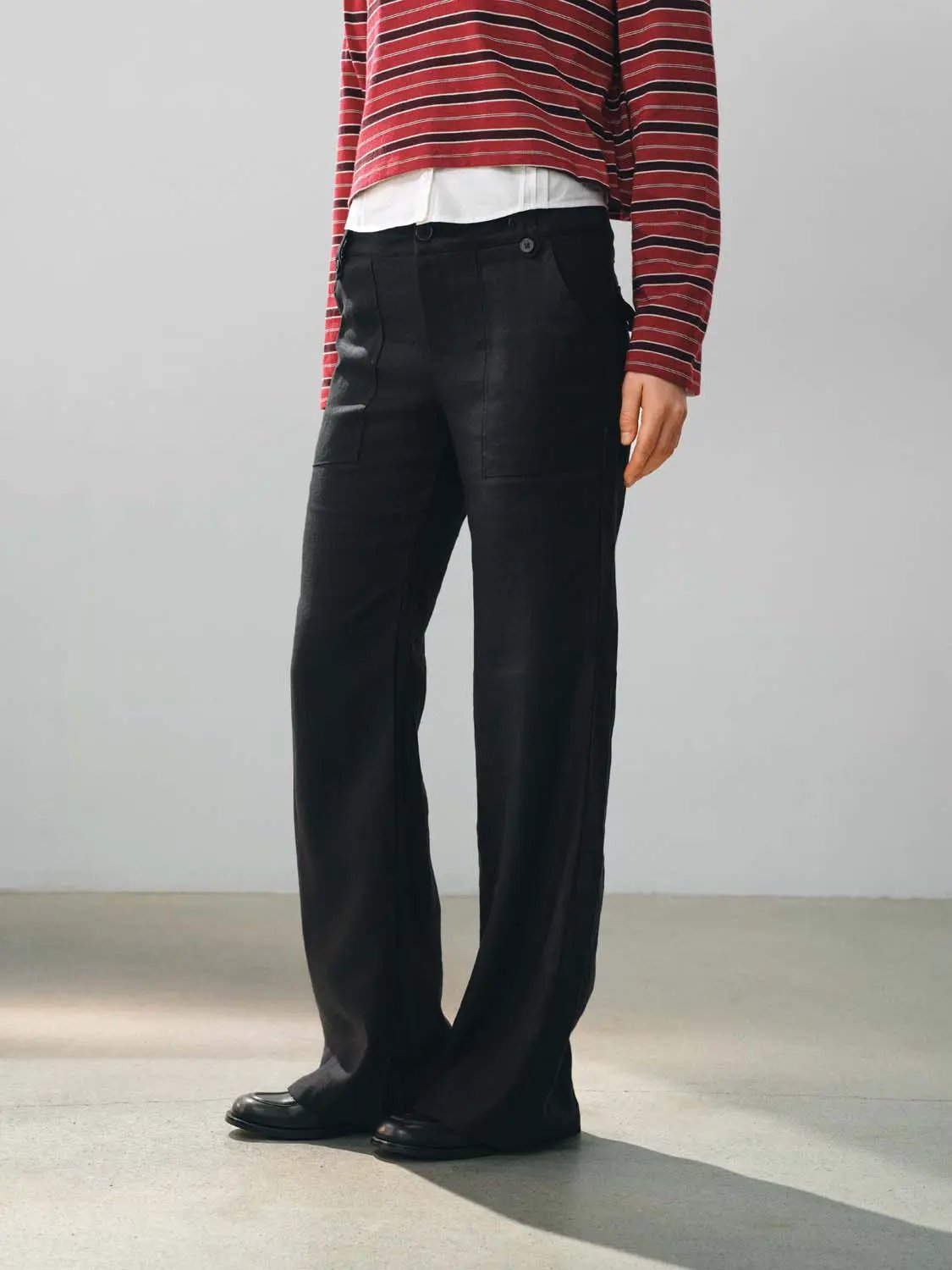 High Waisted Patch Pockets Wide-Leg Linen Blend Pants