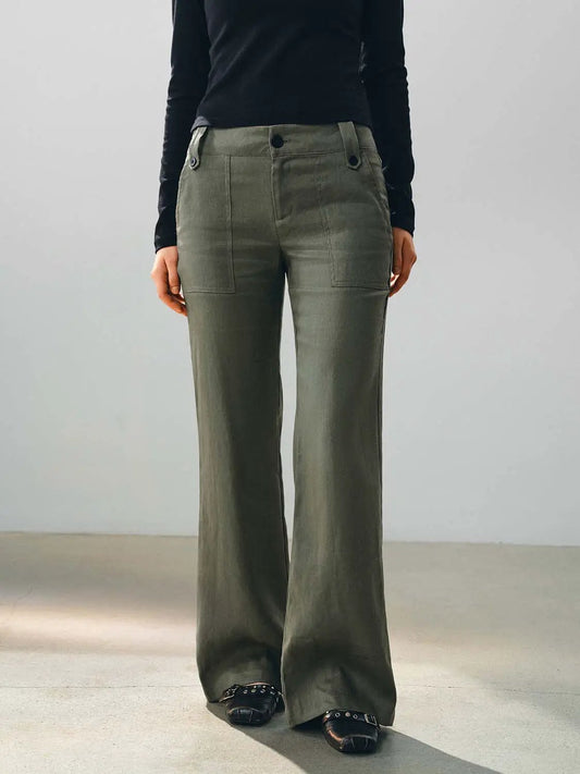 High Waisted Patch Pockets Wide-Leg Linen Blend Pants
