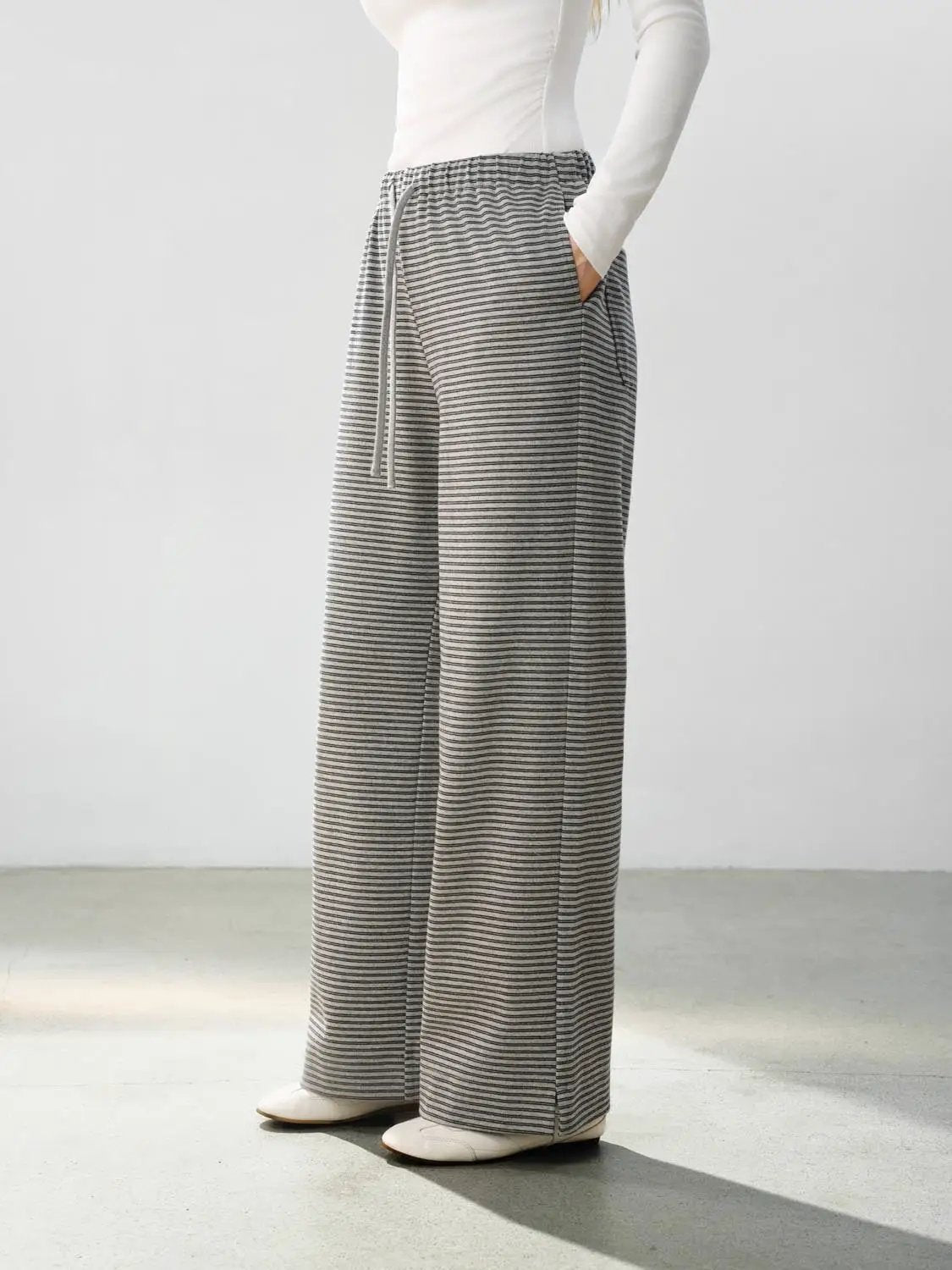 Drawstring Waist Striped Cotton Blend Wide-leg Pants