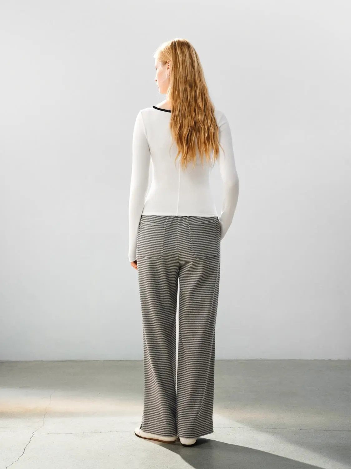 Drawstring Waist Striped Cotton Blend Wide-leg Pants
