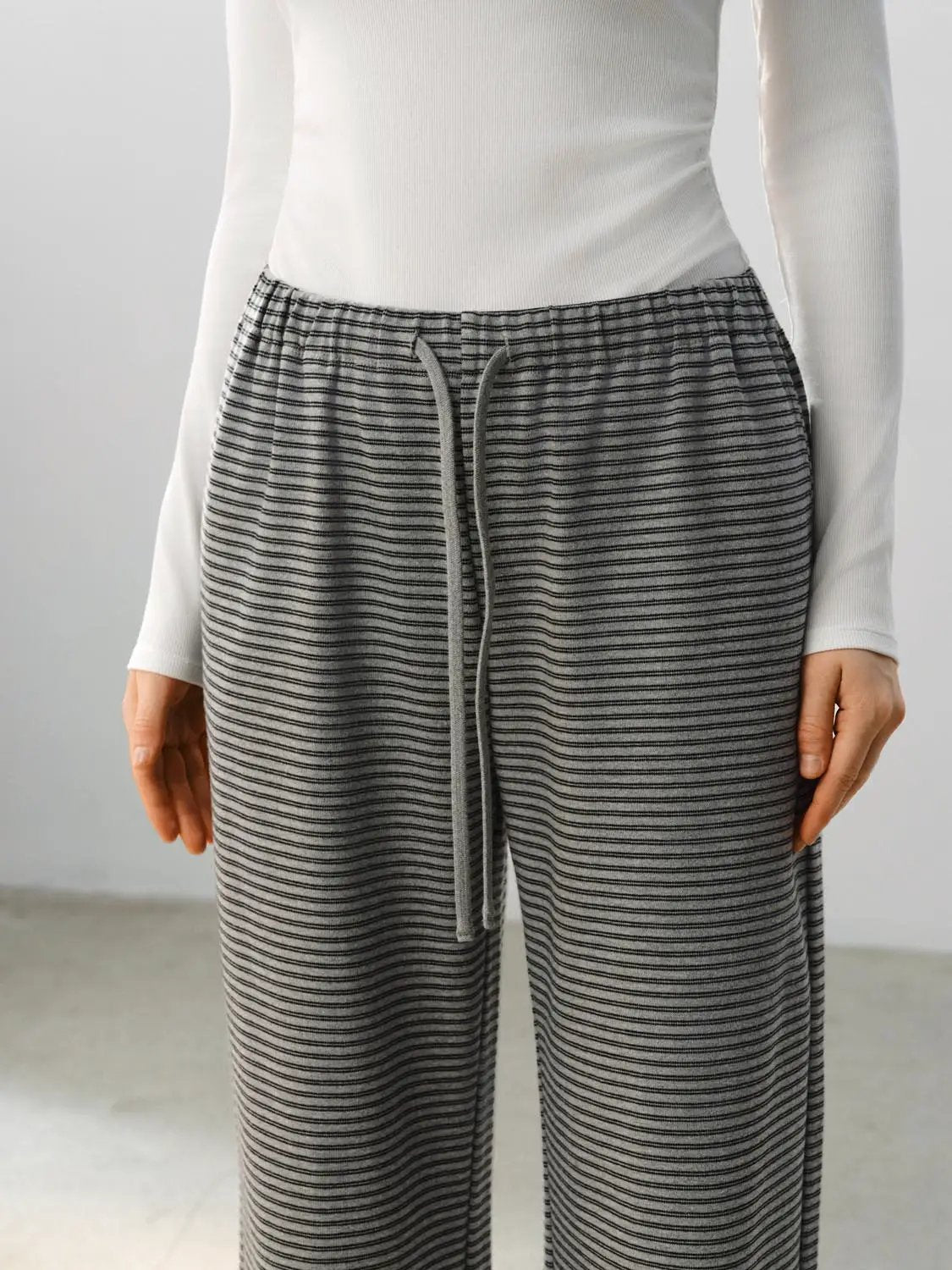 Drawstring Waist Striped Cotton Blend Wide-leg Pants