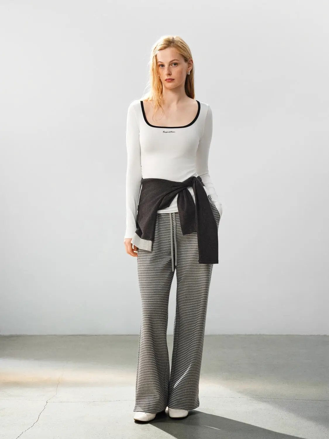 Drawstring Waist Striped Cotton Blend Wide-leg Pants