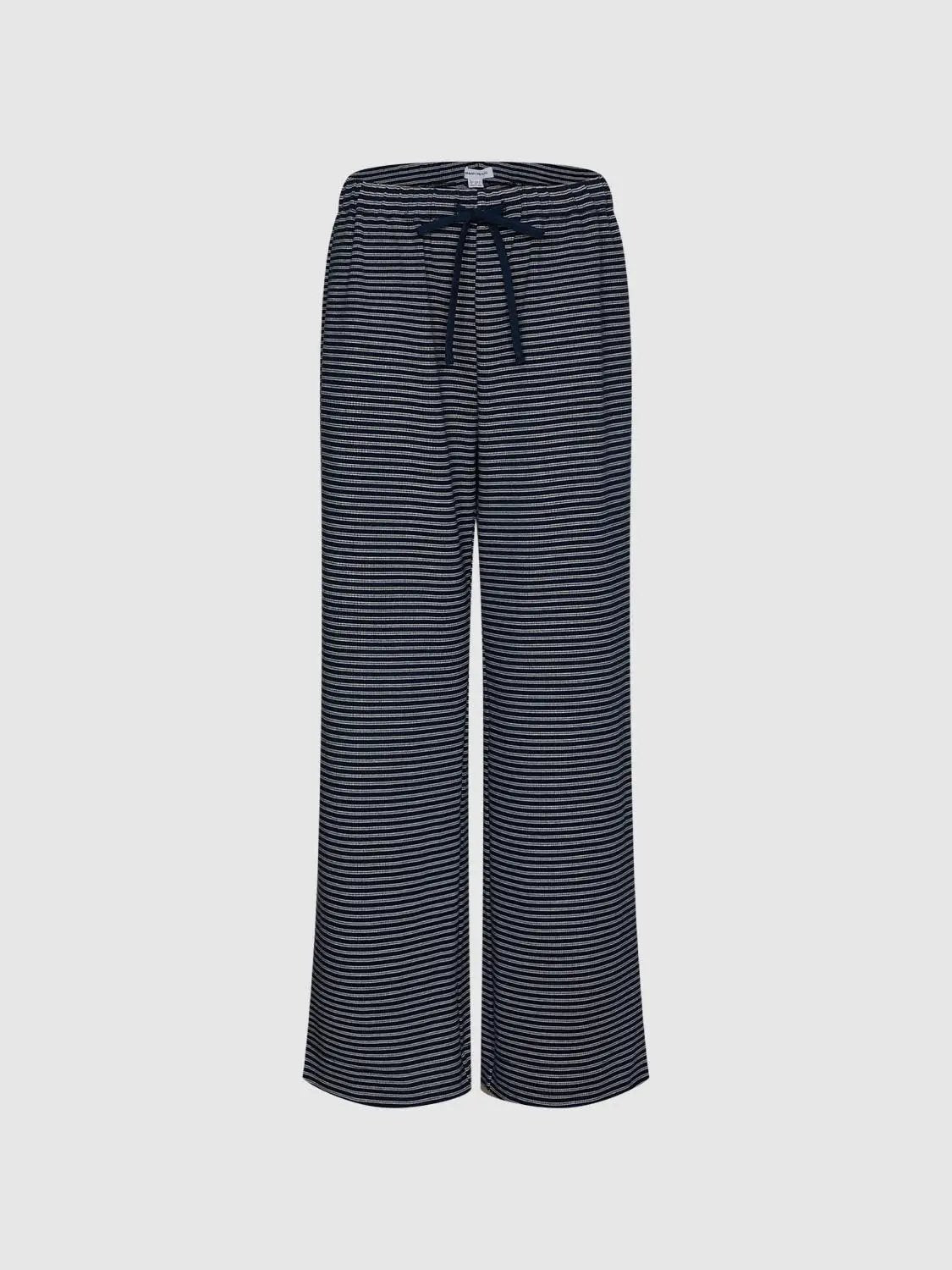 Drawstring Waist Striped Cotton Blend Wide-leg Pants