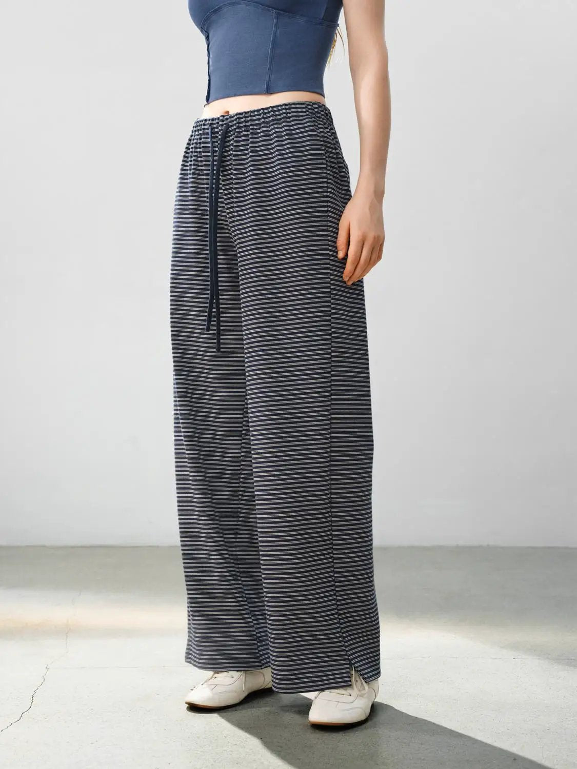 Drawstring Waist Striped Cotton Blend Wide-leg Pants