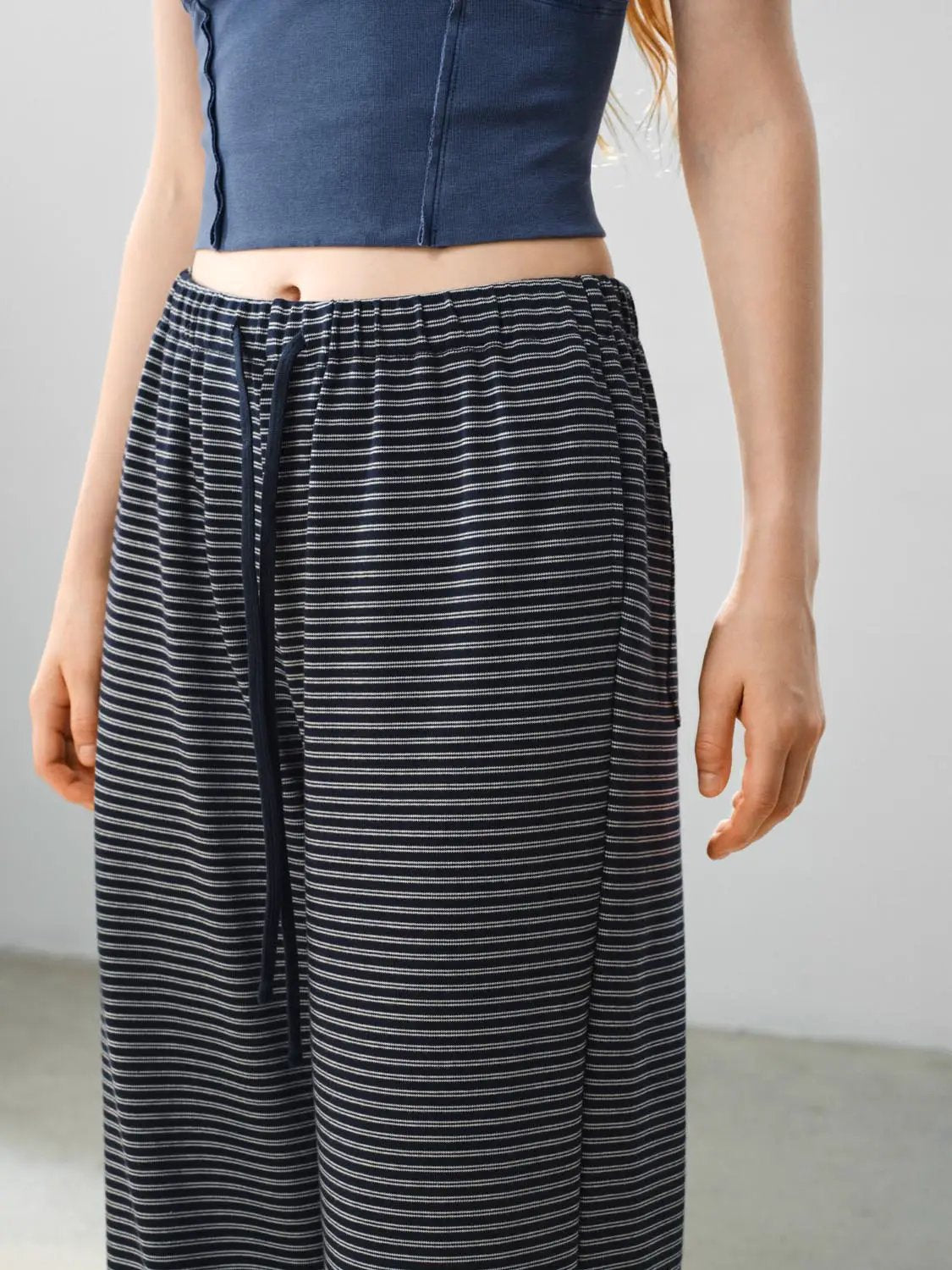 Drawstring Waist Striped Cotton Blend Wide-leg Pants