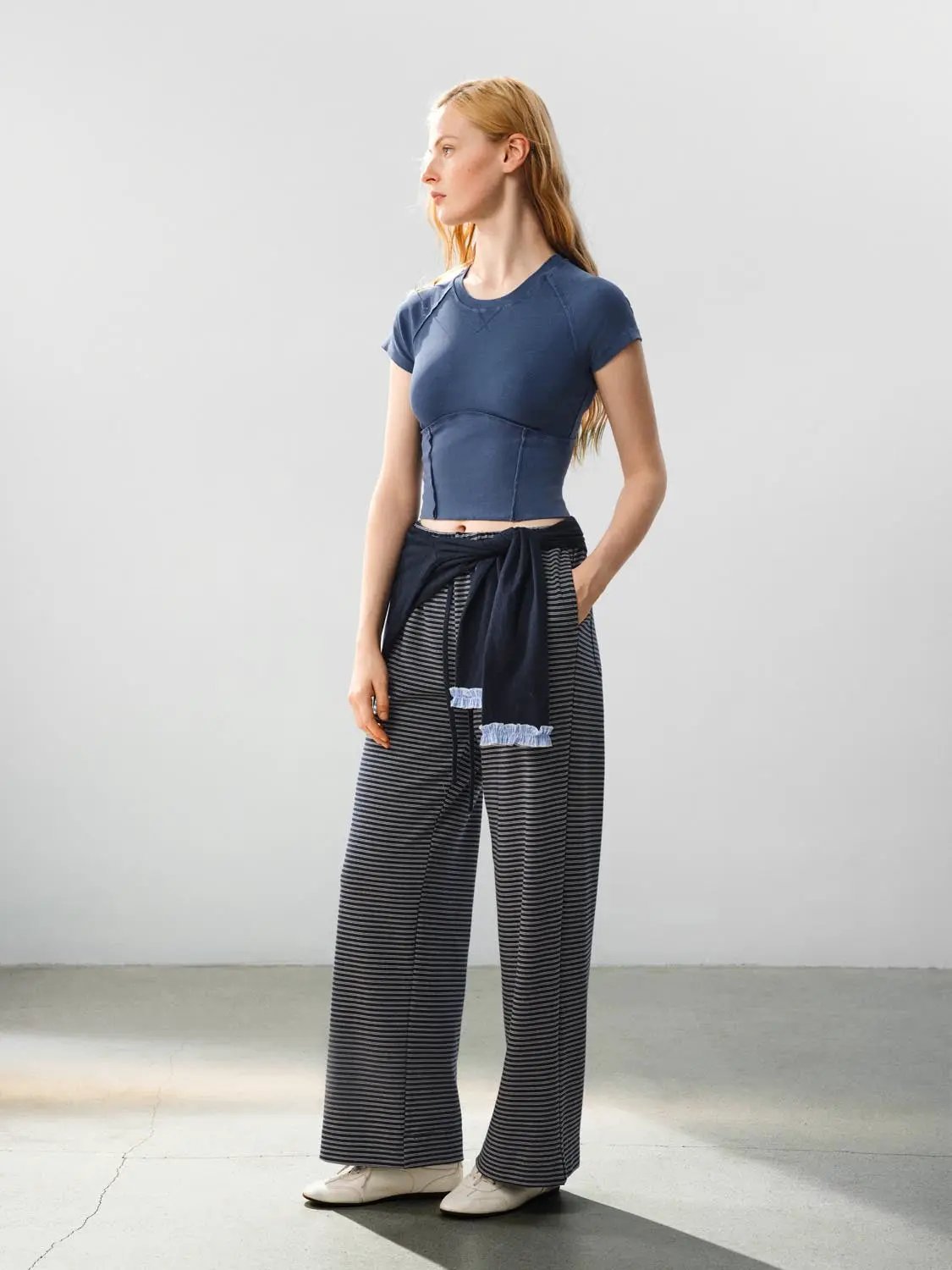 Drawstring Waist Striped Cotton Blend Wide-leg Pants