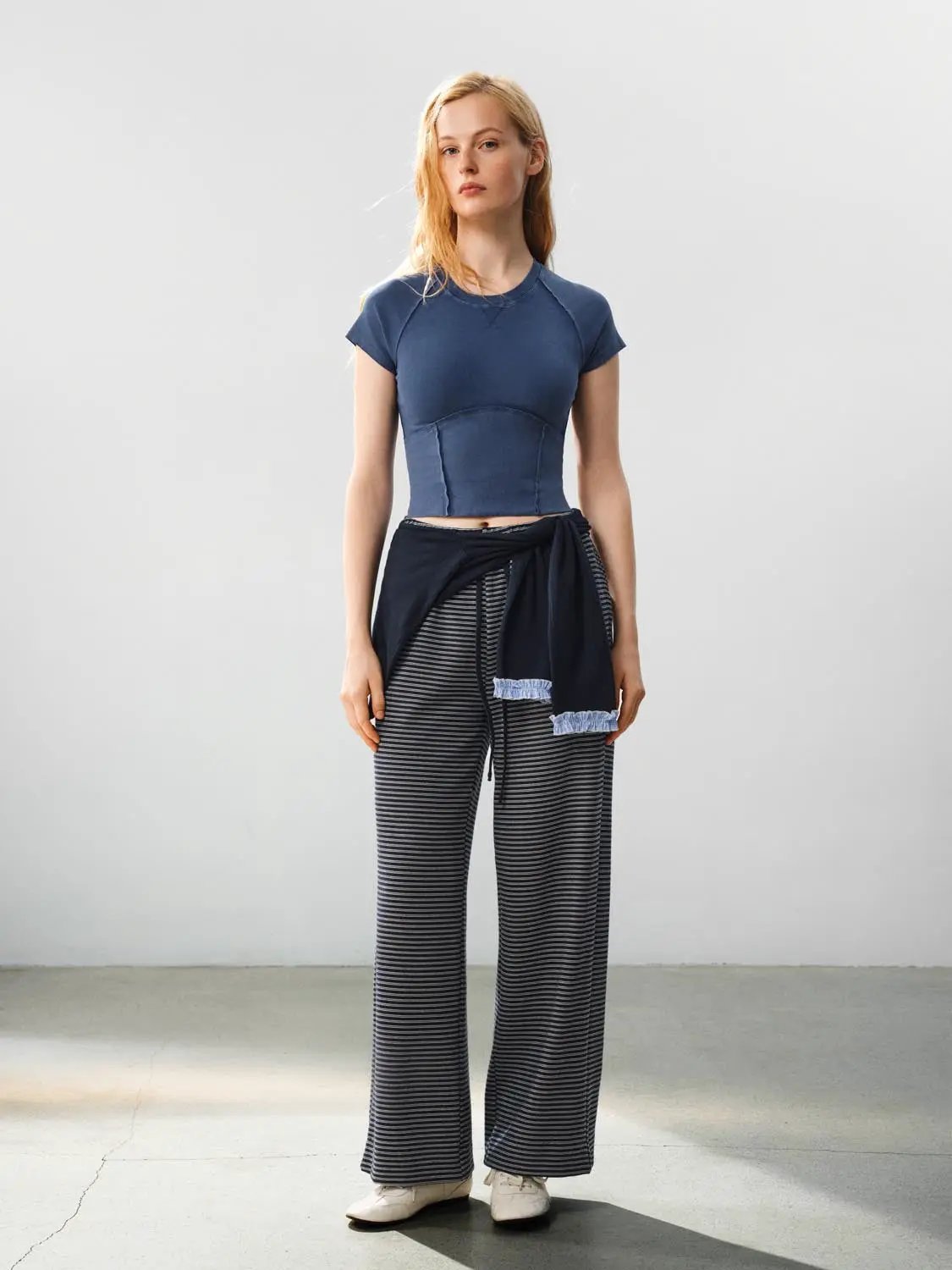 Drawstring Waist Striped Cotton Blend Wide-leg Pants