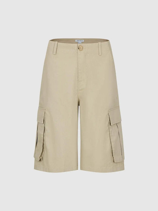 High-waisted Wide-leg Cotton Cargo Shorts