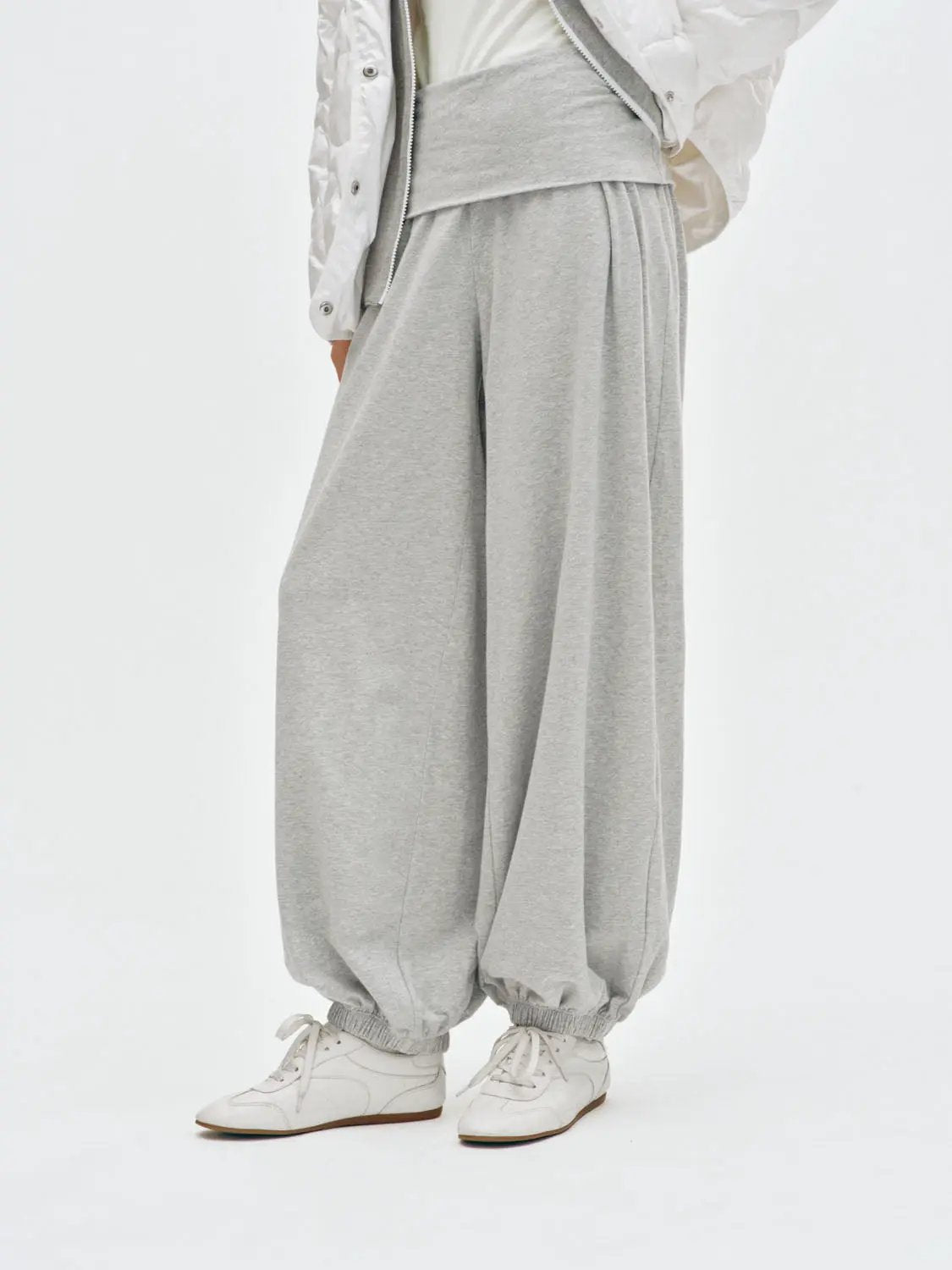 Gathered High-waisted Cotton Blend Jogger Pants