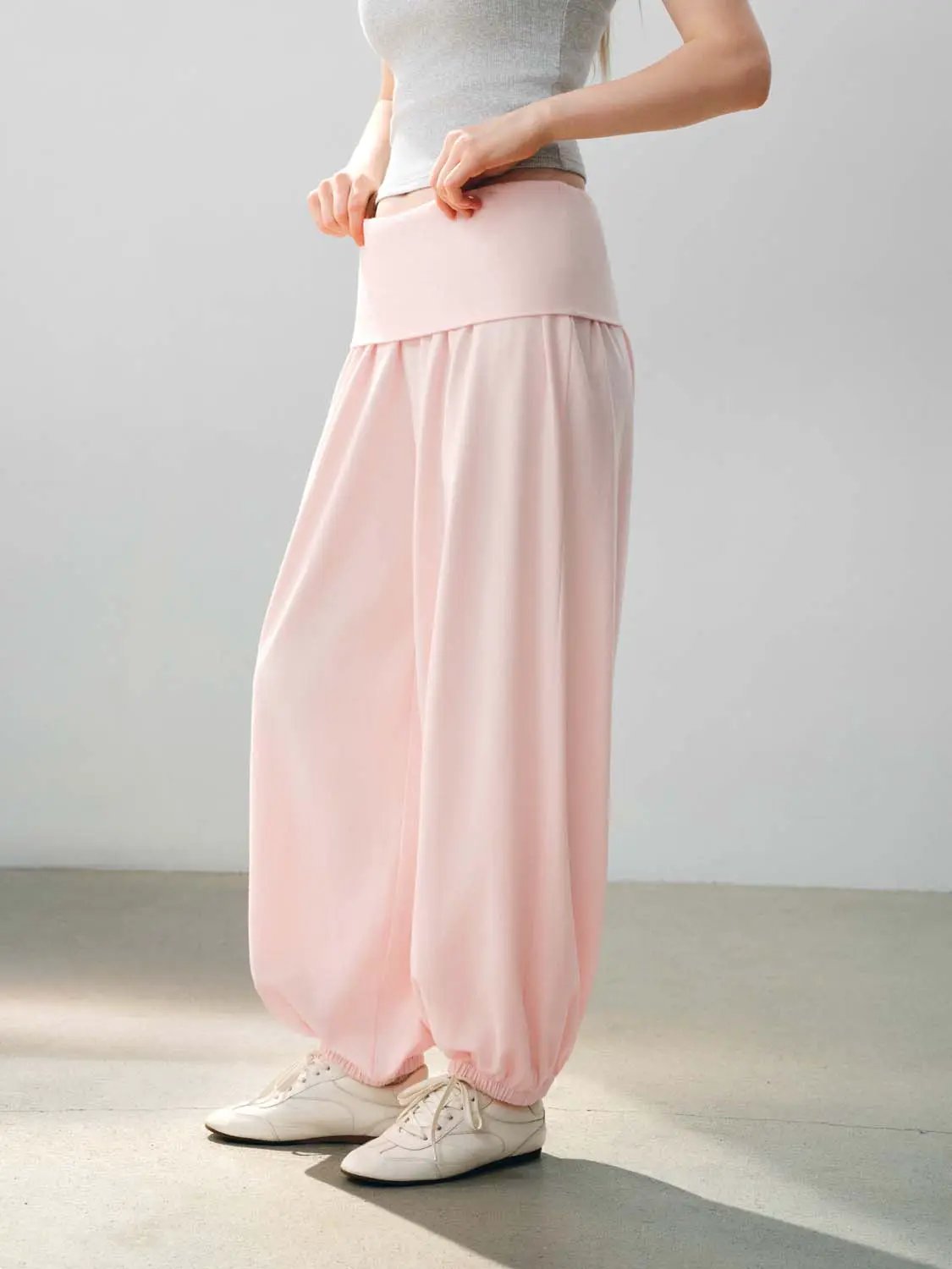 Gathered High-waisted Cotton Blend Jogger Pants