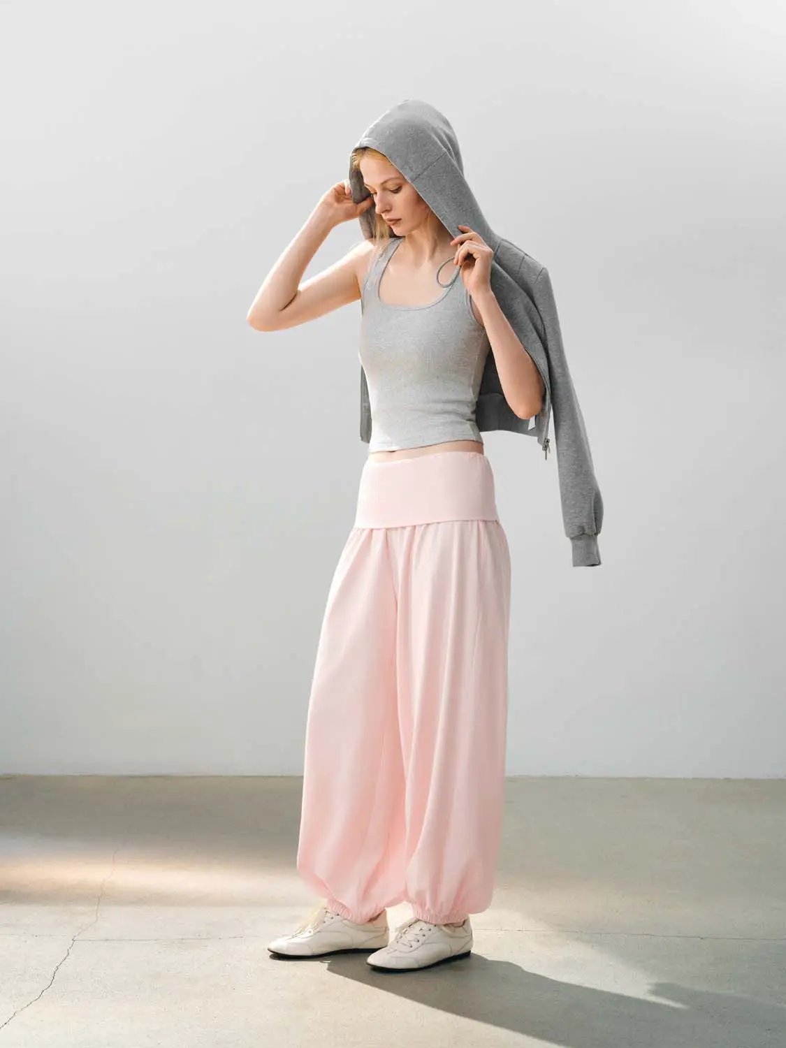 Gathered High-waisted Cotton Blend Jogger Pants